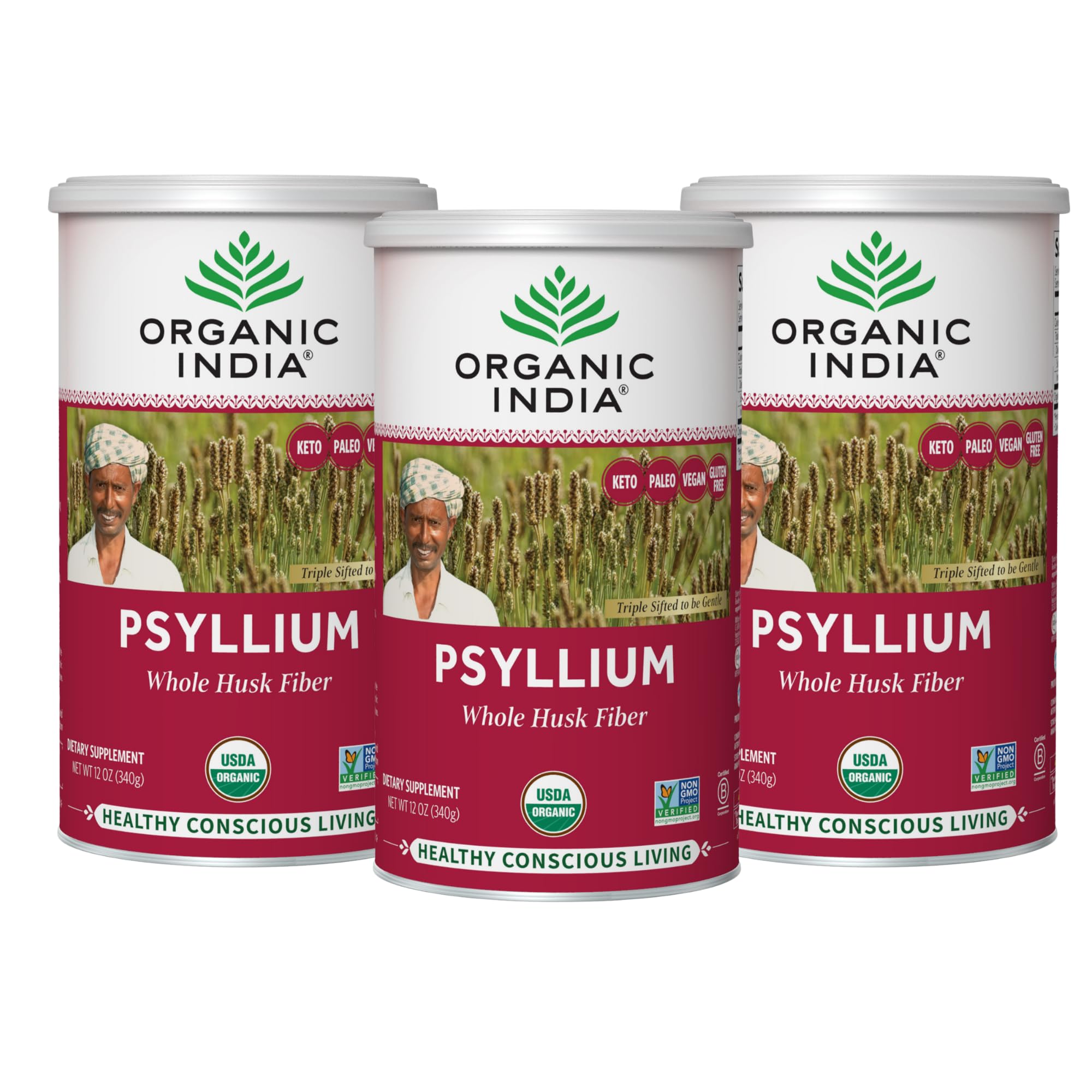 ORGANIC INDIA Whole Psyllium Husk Powder Organic - Psyllium Husk Fiber Supplement, Digestion Support, Vegan, Gluten-Free, Non-GMO, Soluble & Insoluble Fiber Source - 12 oz (Pack of 1)