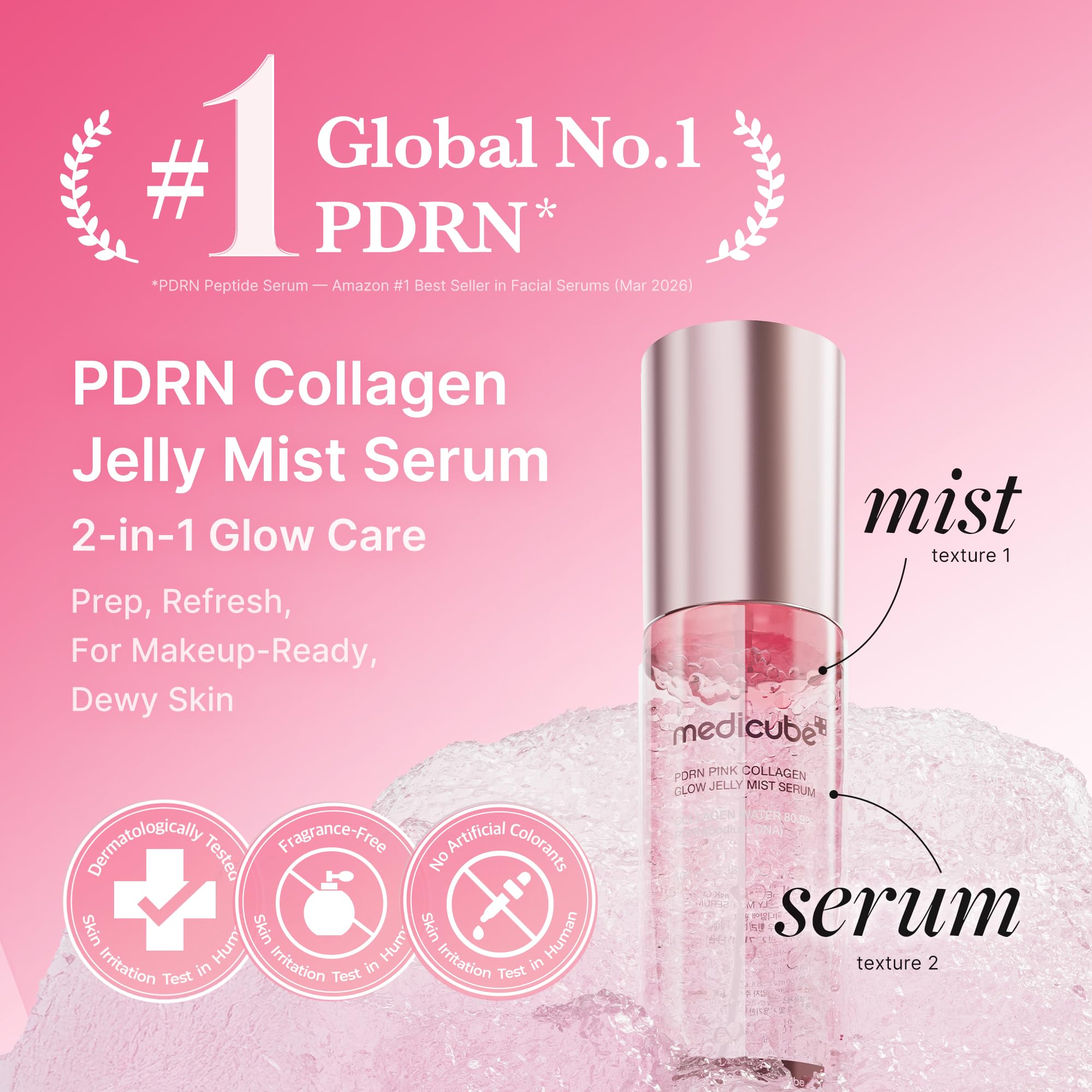 medicube Jelly Mist Serum with Pink PDRN Collagen, 2.02 fl.oz | Dual-Texture Glow Spray with Niacinamide, Glutathione, Hyaluronic Acid, Ceramide - Hydration, Radiance, Plump-Looking Skin