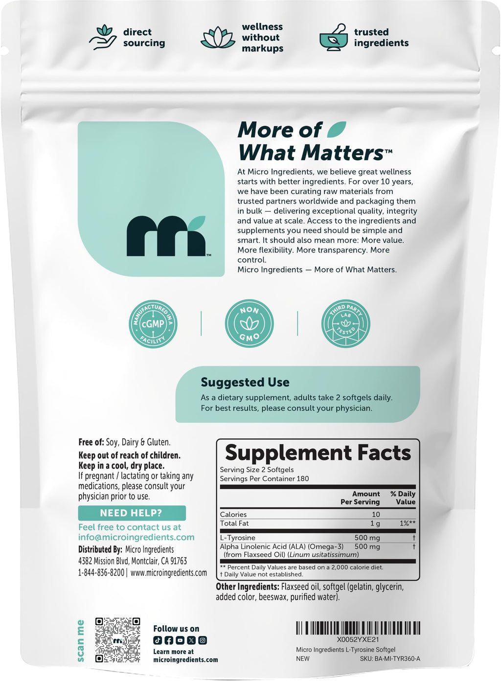 Micro Ingredients L-Tyrosine 500 mg Per Serving with Omega-3, 360 Softgels
