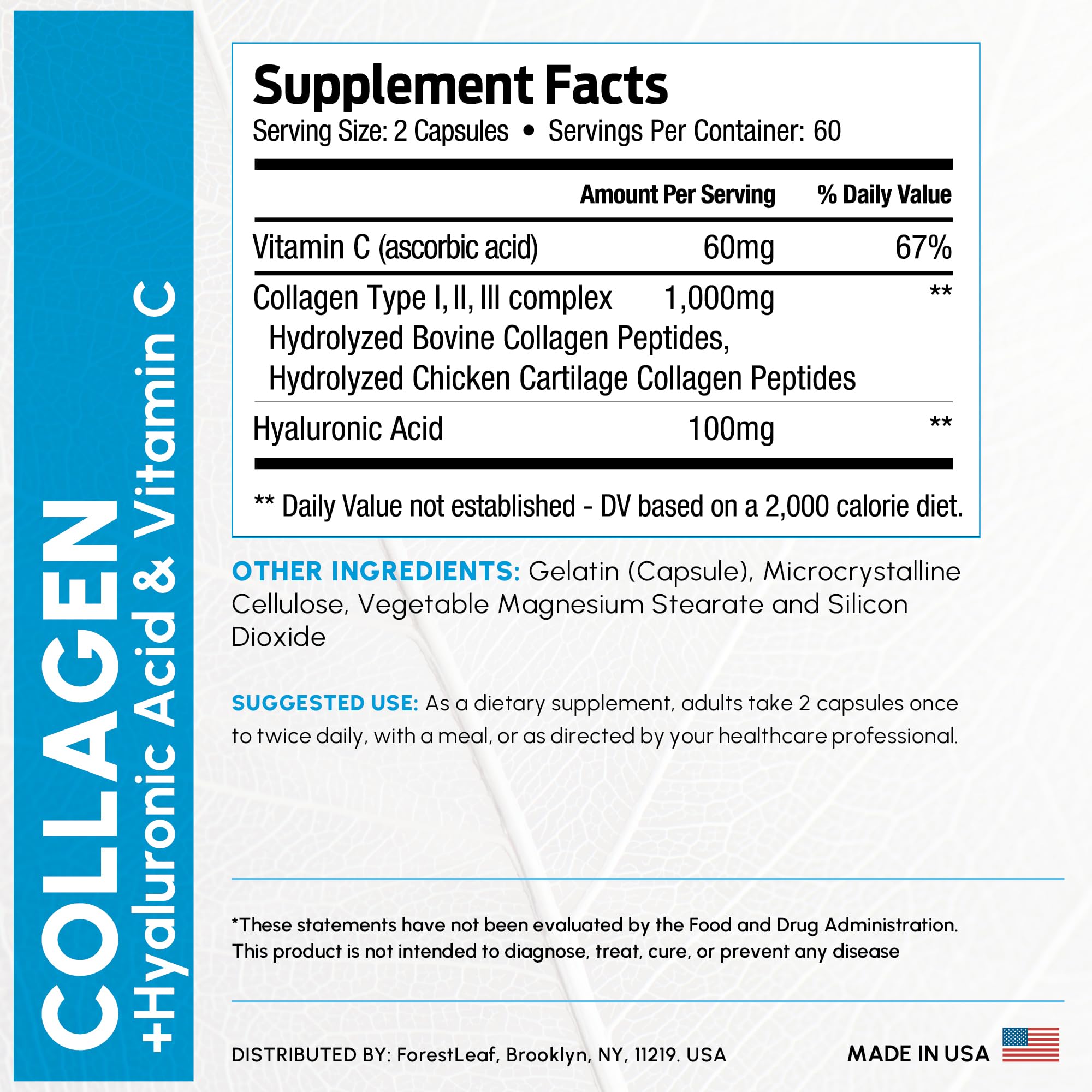 ForestLeaf Collagen Supplements for Women & Men Types I/II/III, 120 Caps | Hydrolyzed Bovine Multi Collagen Pills with Hyaluronic Acid and Vitamin C for Skin, Hair, Nails and Joint Support - USA Made