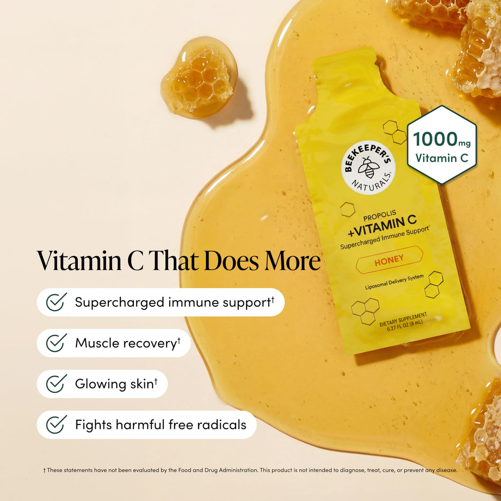 Beekeeper's Naturals Liposomal Vitamin C (1000mg) + Propolis Packets, 30 Ct | Propolis & Organic Honey, Supercharged Immune Support, Increased Bioavailability, Max Absorption