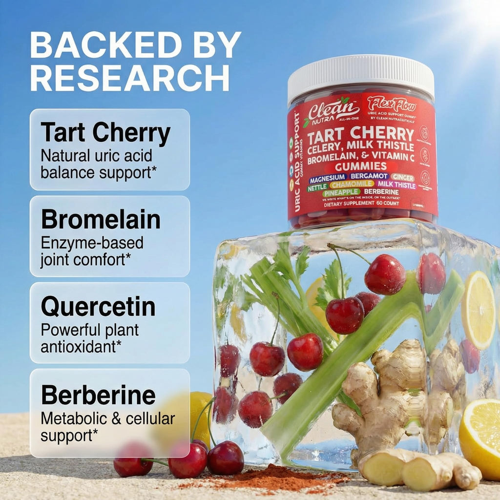 Clean Nutra Tart Cherry Gummies Uric Acid Flush Celery Milk Thistle Bromelain Vitamin C Magnesium Citrus Bergamot Ginger Stinging Nettle Leaf Chamomile Berberine Quercetin Support 60 Gummy Vitamins