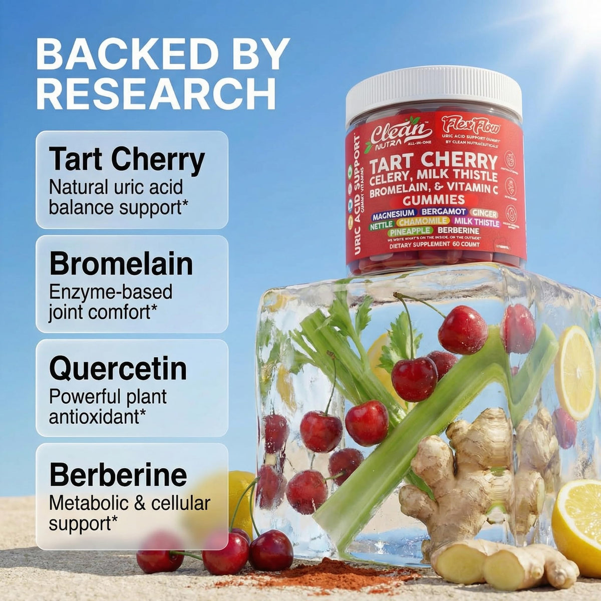 Clean Nutra Tart Cherry Gummies Uric Acid Flush Celery Milk Thistle Bromelain Vitamin C Magnesium Citrus Bergamot Ginger Stinging Nettle Leaf Chamomile Berberine Quercetin Support 60 Gummy Vitamins