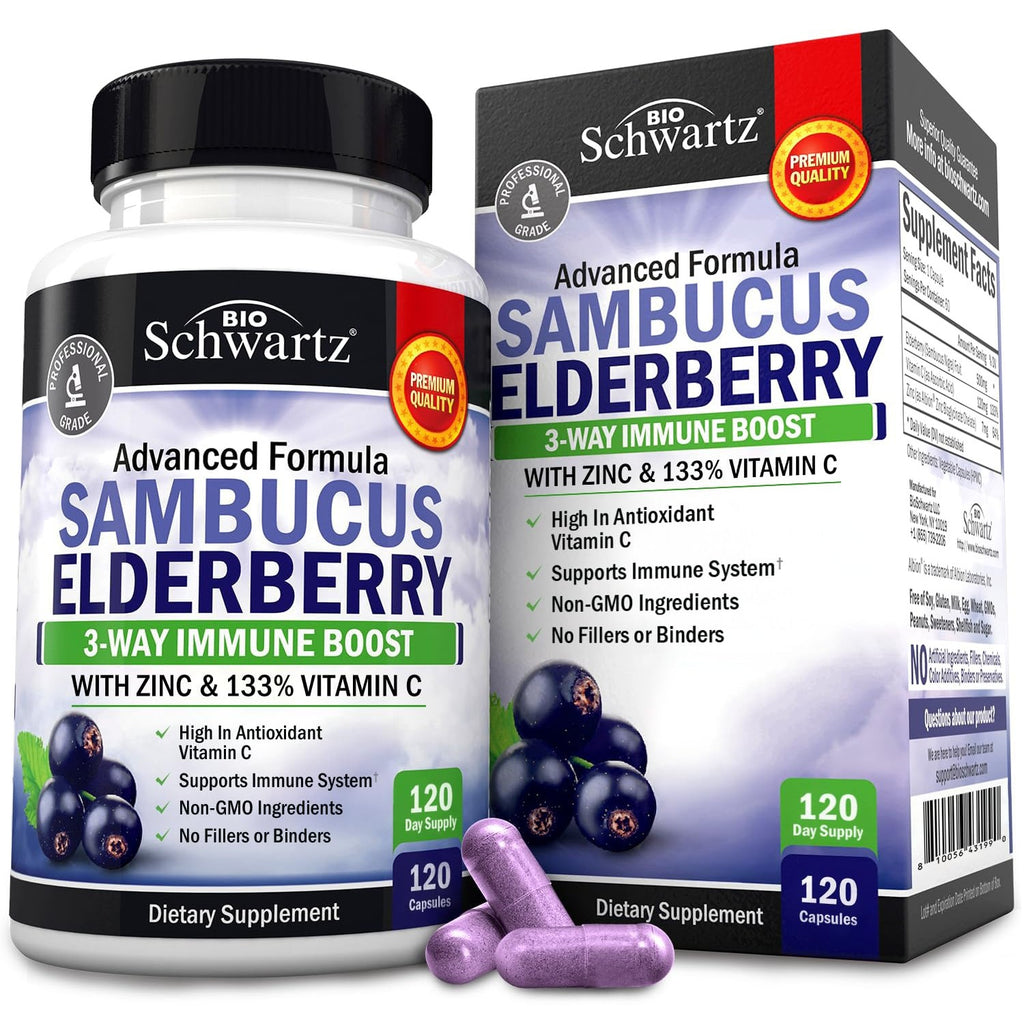 Elderberry Capsules with Zinc and Vitamin C for Adults, 120 Count | Immune Support Supplement for Women and Men, Black Sambucus Elderberry with Vitamin C and Zinc, Immune Defense Multiminerals