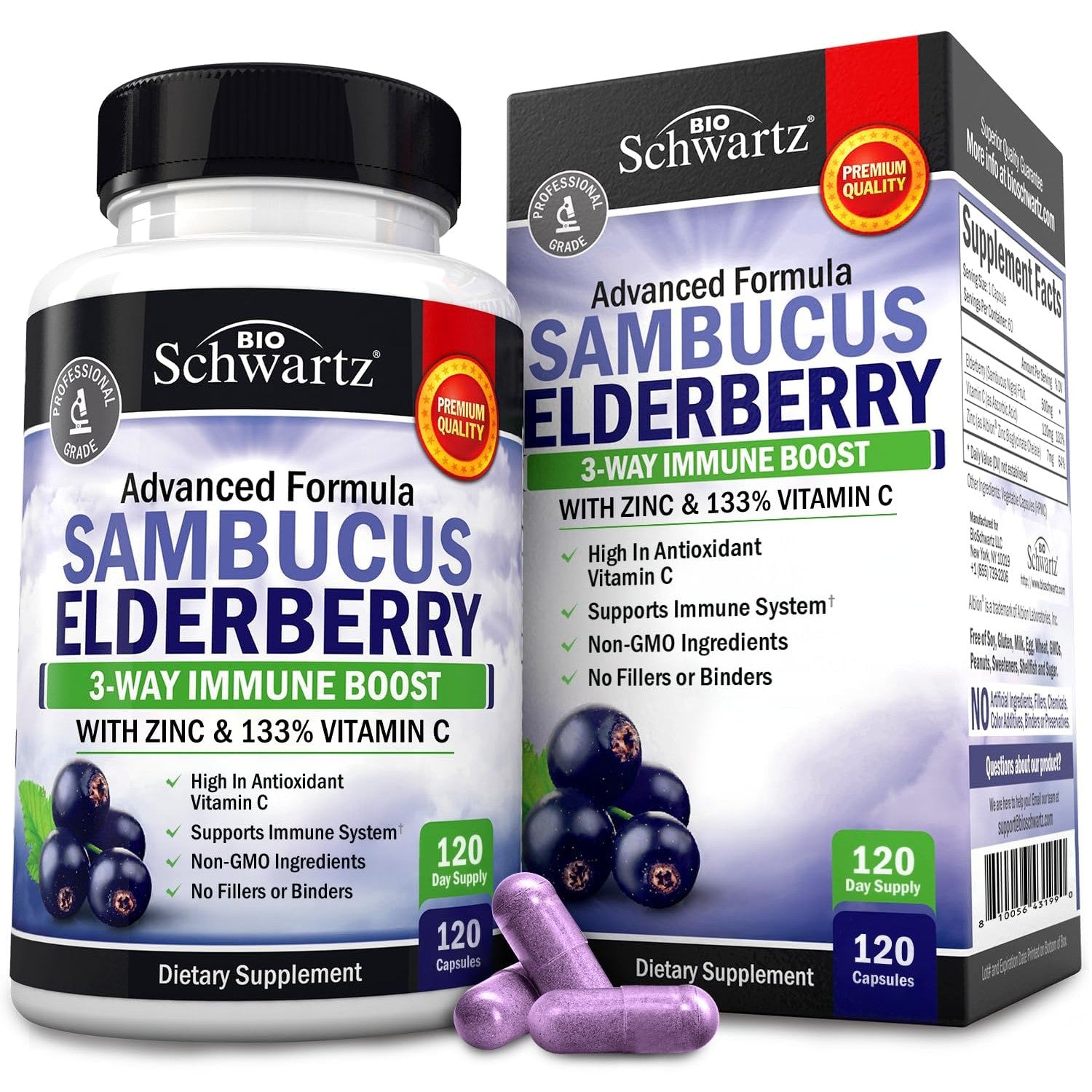Elderberry Capsules with Zinc and Vitamin C for Adults, 120 Count | Immune Support Supplement for Women and Men, Black Sambucus Elderberry with Vitamin C and Zinc, Immune Defense Multiminerals