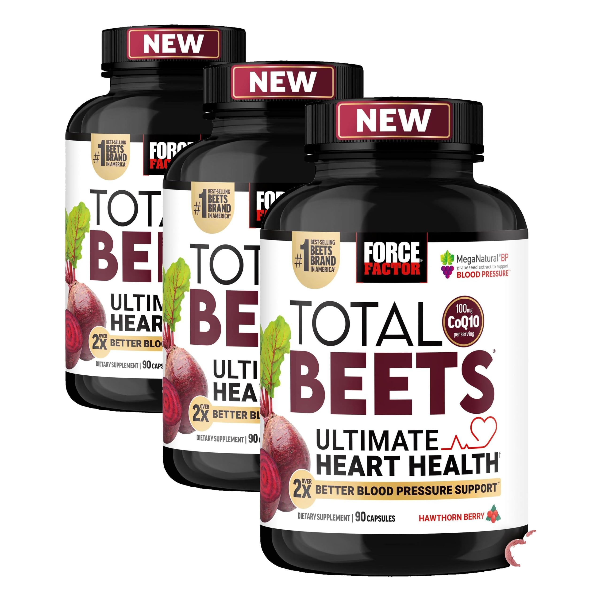 Force Factor Total Beets Ultimate Heart Health 1800mg Beet Root Capsules | Blood Pressure Support Supplement with CoQ10 for Nitric Oxide & Blood Flow with Grapeseed, Hawthorn Berry, 90 Capsules