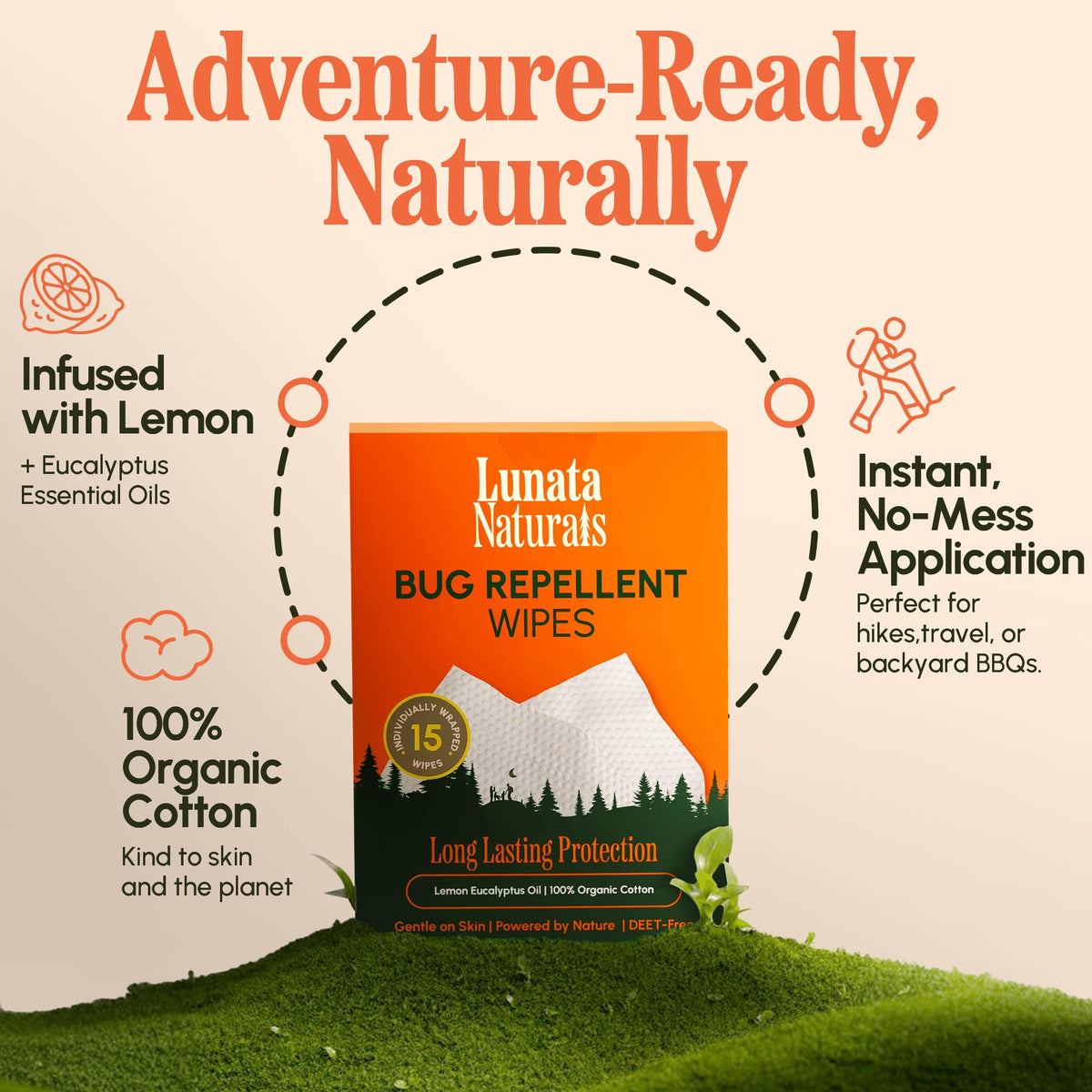 Lunata Natural Bug Wipes Plant-Powered with Oil of Lemon Eucalyptus