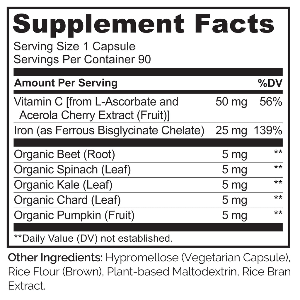 NATURELO Vegan Iron Supplement with Vitamin C & Organic Whole Foods, 90 Ct | Gentle Iron Capsules for Women & Men with this Mineral Deficiency - Including Pregnancy, Anemia and Vegan Diets