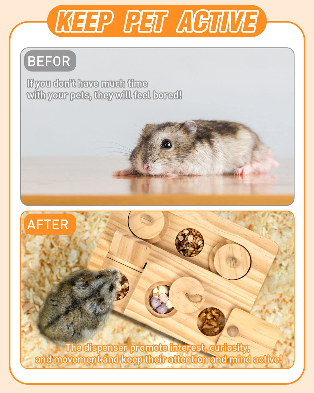 Guinea Pig Foraging Toys, 6 in 1 Hamsters Wooden Interactive Enrichment Toys, Treat Dispenser for Small Animal, for Rabbits, Bunny, Chinchillas, Rats and Gerbils