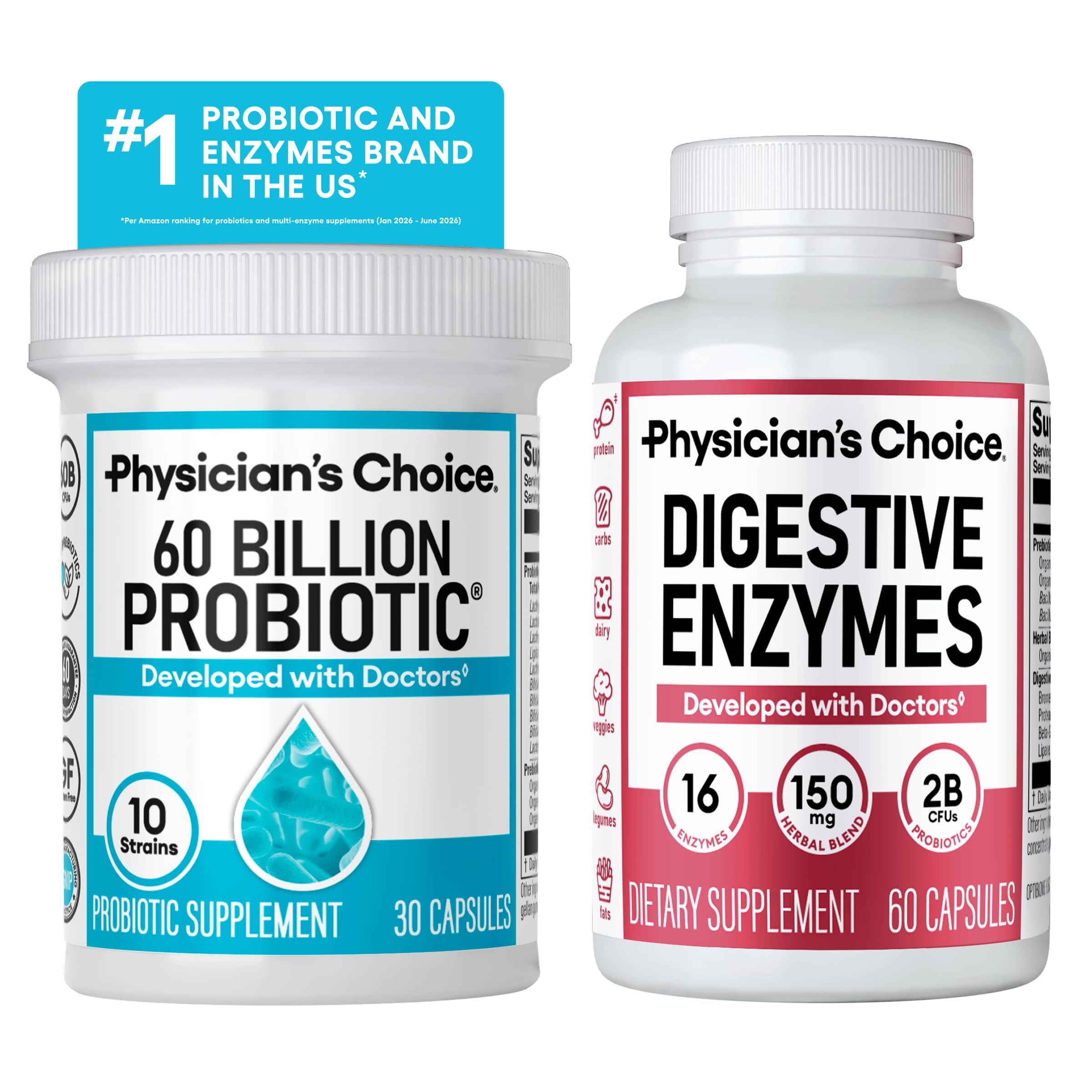 Physician's CHOICE Advanced Gut Health Bundle: 60 Billion Probiotics 30ct + Digestive Enzymes 60ct for Digestive, Gut, and Immune Health Supports Occasional Constipation, Diarrhea, Gas, and Bloating