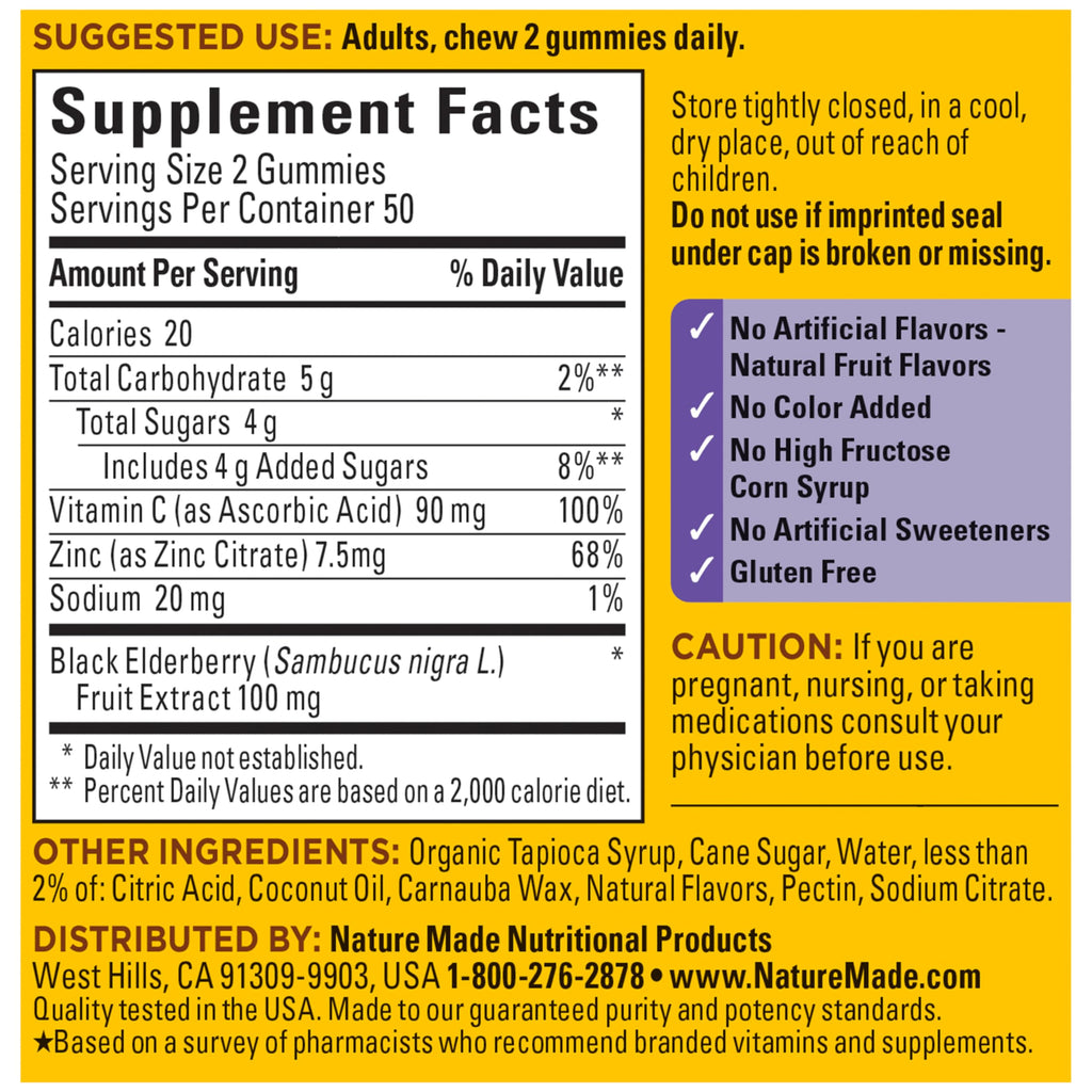 Nature Made Elderberry Gummies with Vitamin C & Zinc, 100 Gummies | Dietary Supplement for Antioxidant and Immune Support, Suitable for Vegetarians, Raspberry Flavor, 50 Day Supply
