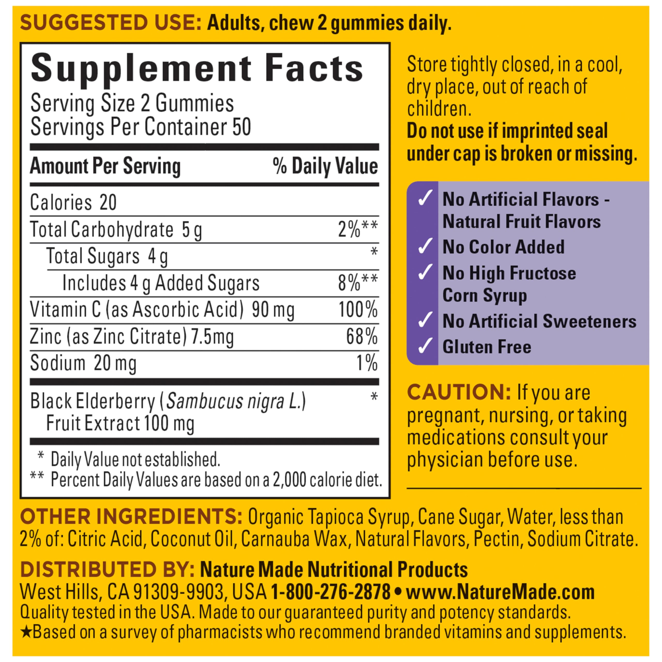 Nature Made Elderberry Gummies with Vitamin C & Zinc, 100 Gummies | Dietary Supplement for Antioxidant and Immune Support, Suitable for Vegetarians, Raspberry Flavor, 50 Day Supply