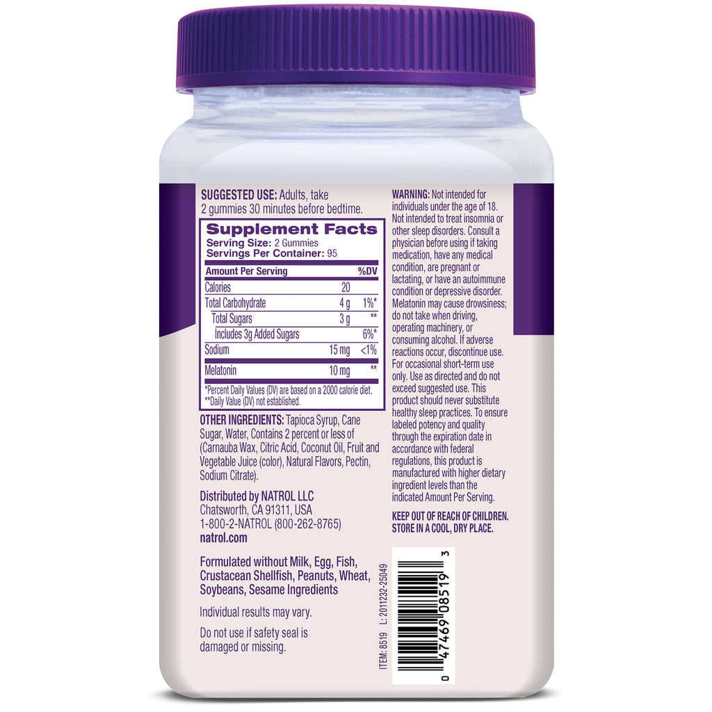 Natrol Melatonin 10 mg Gummies, Sleep Support for Adults, 190 Gummies | Supplement to Fall Asleep Faster & Stay Asleep Longer, Wake Up Refreshed, 100% Drug-Free, Strawberry-flavored, 95 Day Supply