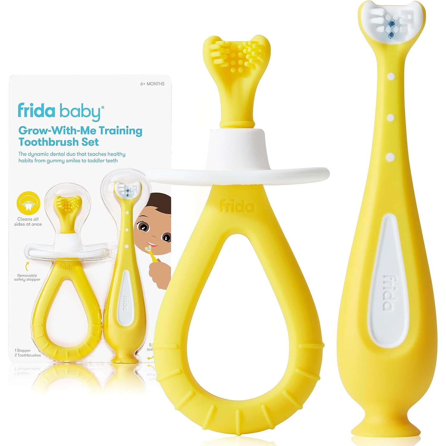 Buy now Frida Baby Training Toothbrush for Babies with Soft Silicone Bristles, Yellow Grow-with-Me Toothbrush Set (6M+) at indiglob india
