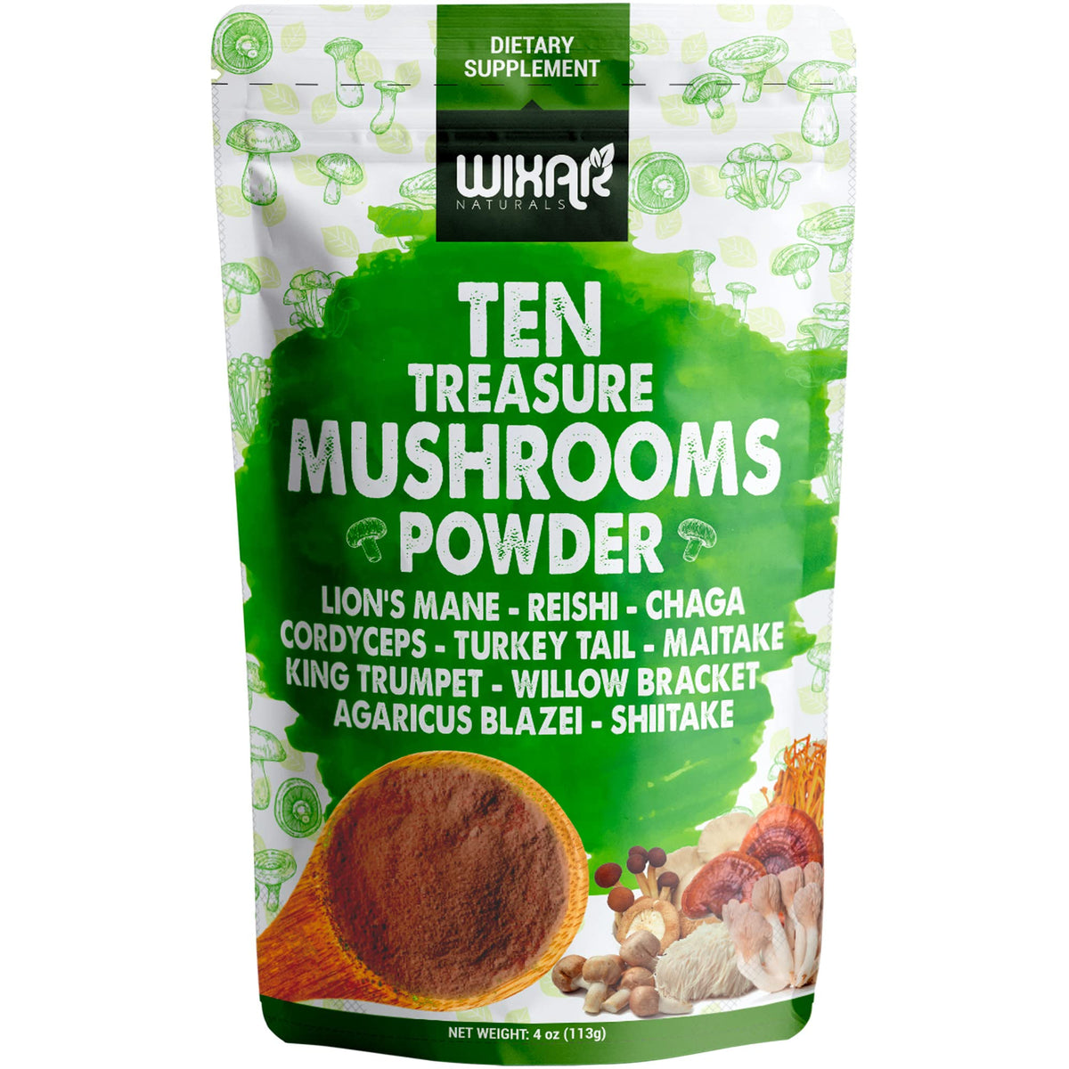 Wixar Mushroom Powder - Ten Treasure Mushrooms Extract Supplement 4oz