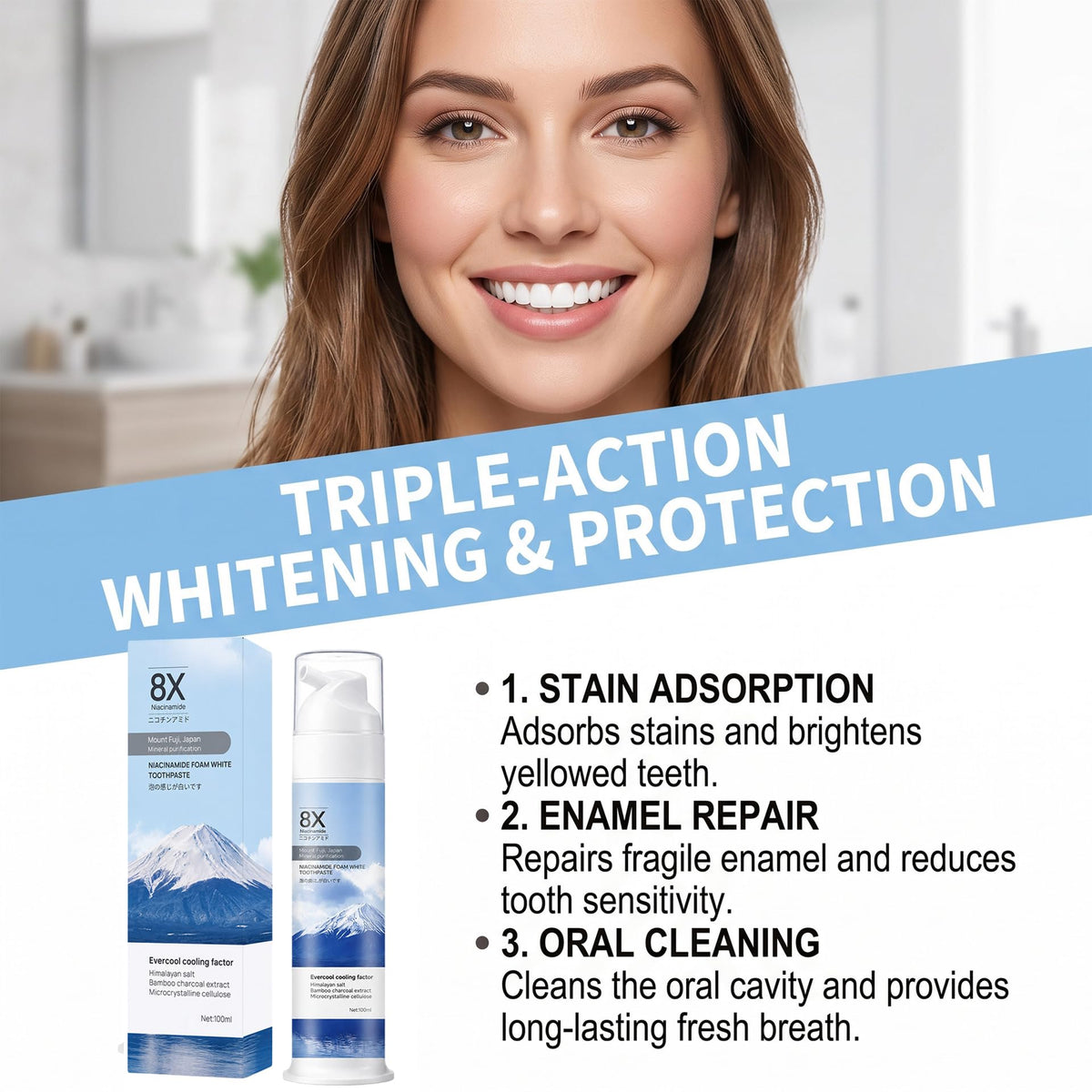 Niacinamide Whitening Toothpaste,Niacinamide Foam Whitening Toothpaste,Brightens & Whitens Teeth,Natural Gentle,Fresh Breath,Daily Oral Care,100g