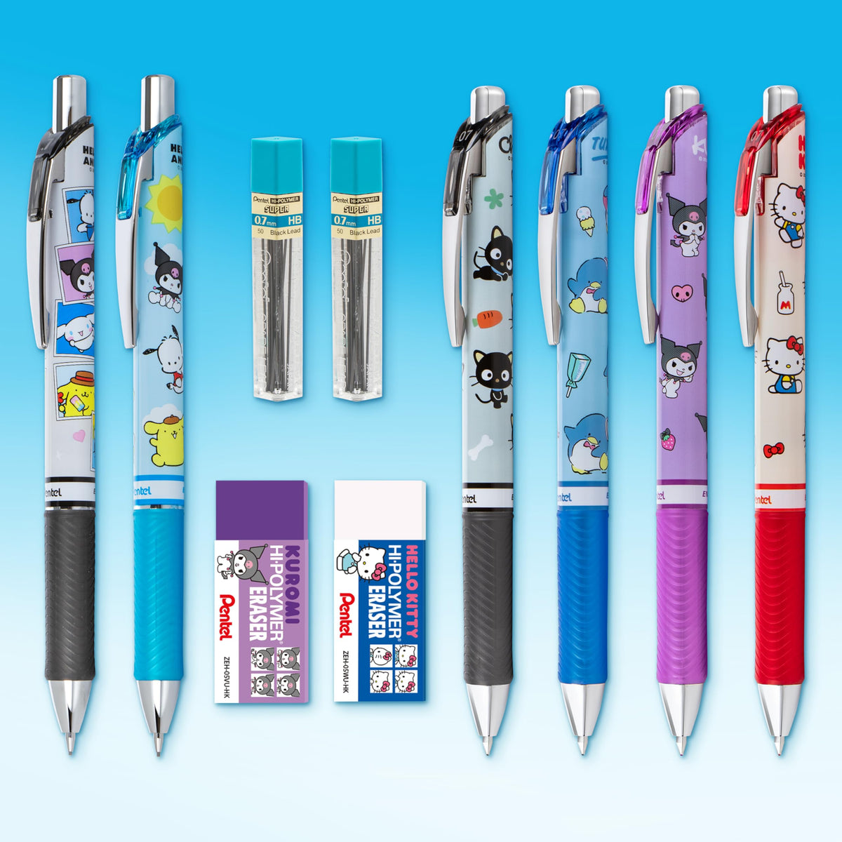 Pentel Writing Essentials 10 Pack, Hello Kitty® and Friends, Limited Edition, 4 EnerGel 0.7mm gel pens, 2 EnerGize 0.7mm pencils, 2 bock erasers, and 2 refill leads