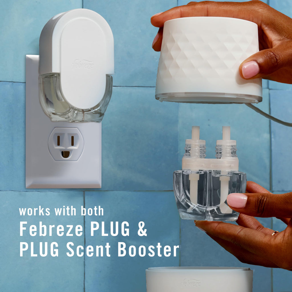 Febreze Plug Scent Booster Starter Kit, Oil Diffuser, Air Freshener Plug in, Continuous Scent, 2 Devices + 2 Baked Cinnamon Apple Refill