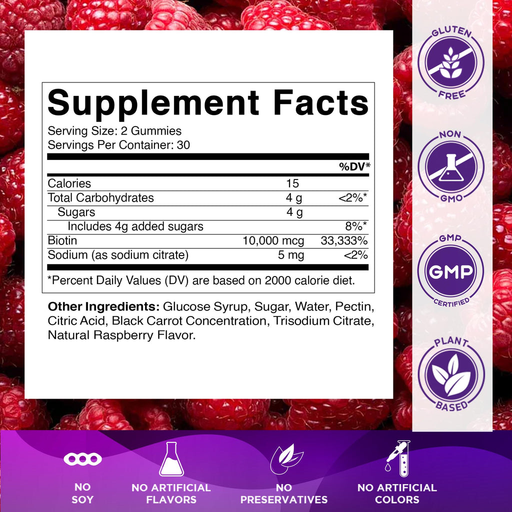 Vitamatic Biotin 10,000 mcg, 60 Vegan Gummies, Raspberry Flavor-2 Pack | 10000 mcg Per Serving, Natural Raspberry Flavor, Pectin Based, Non-GMO, Gluten Free, GMP Certified