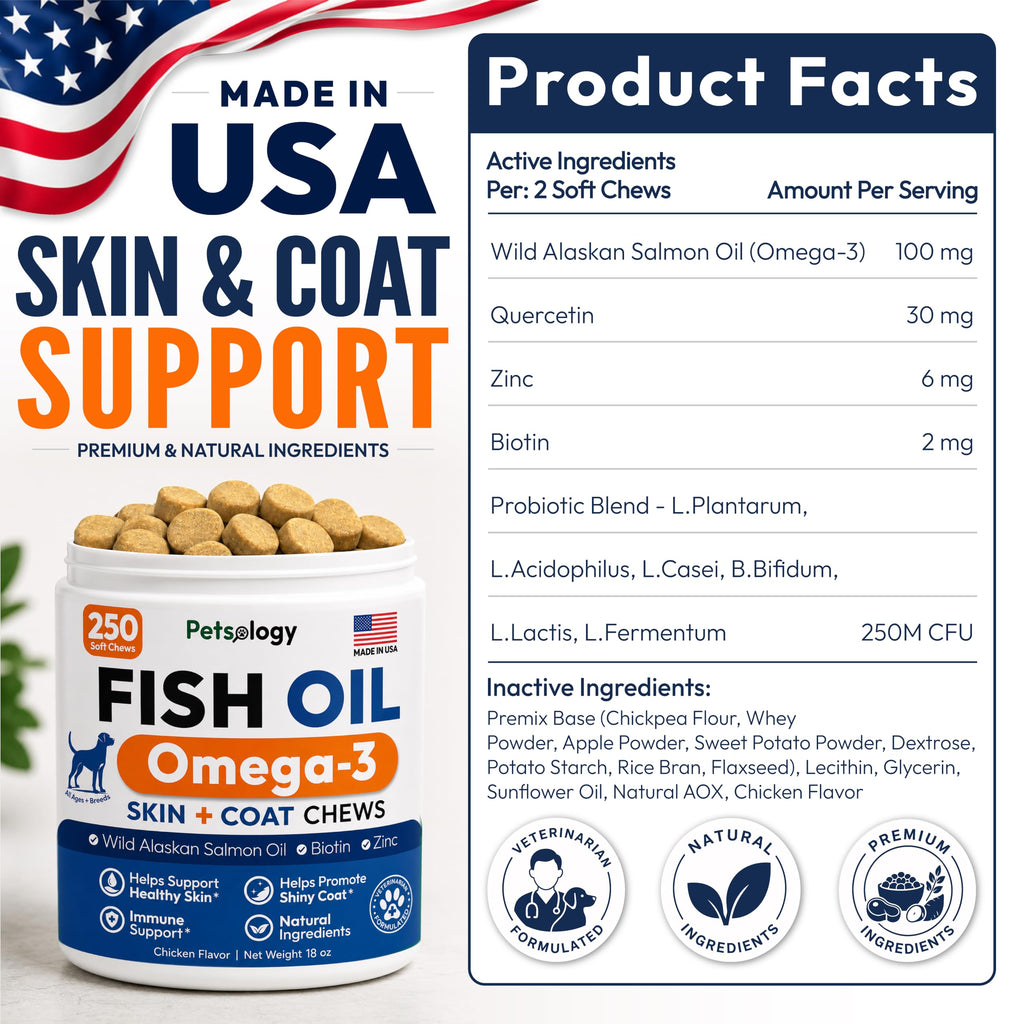 Omega 3 for Dogs - 250 Fish Oil Chews for Dog Shedding & Allergy Relief