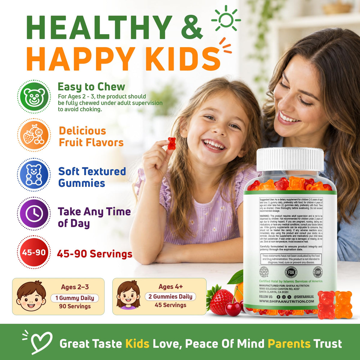 SHIFAA NUTRITION Halal Kids Multivitamin Gummies, 45-90 Days Supply, with All Essential Kids Vitamins. Toddler Vitamins with Vitamin C, D, Zinc, A, E, B6, B12, Biotin | Halal Gummies for Kids