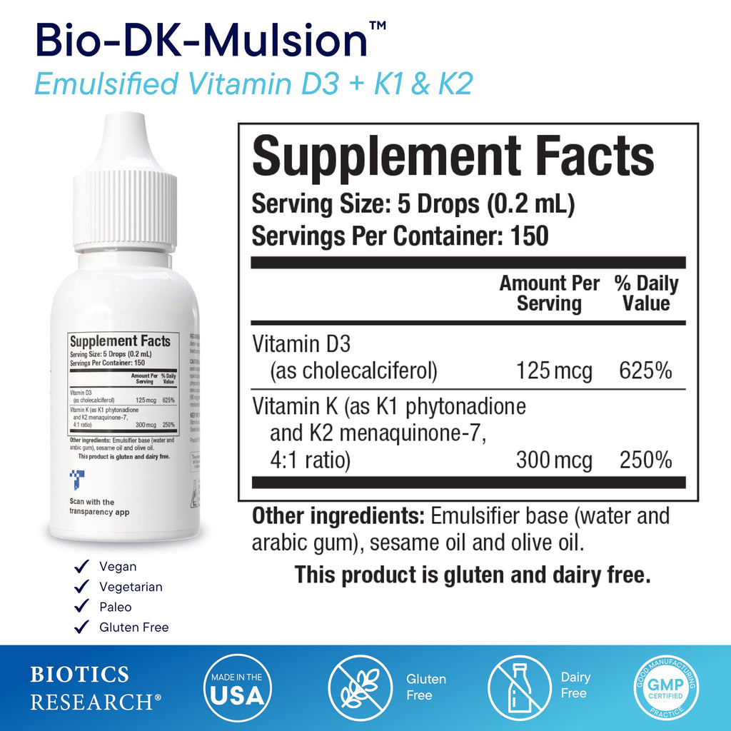 BIOTICS RESEARCH Bio-DK-Mulsion™ Liquid Vitamin D3 5000 IU, K1,K2 300mcg