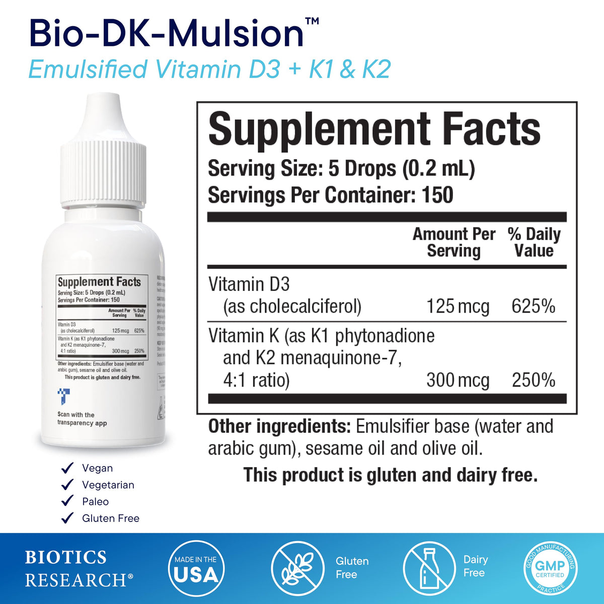 BIOTICS RESEARCH Bio-DK-Mulsion™ Liquid Vitamin D3 5000 IU, K1,K2 300mcg