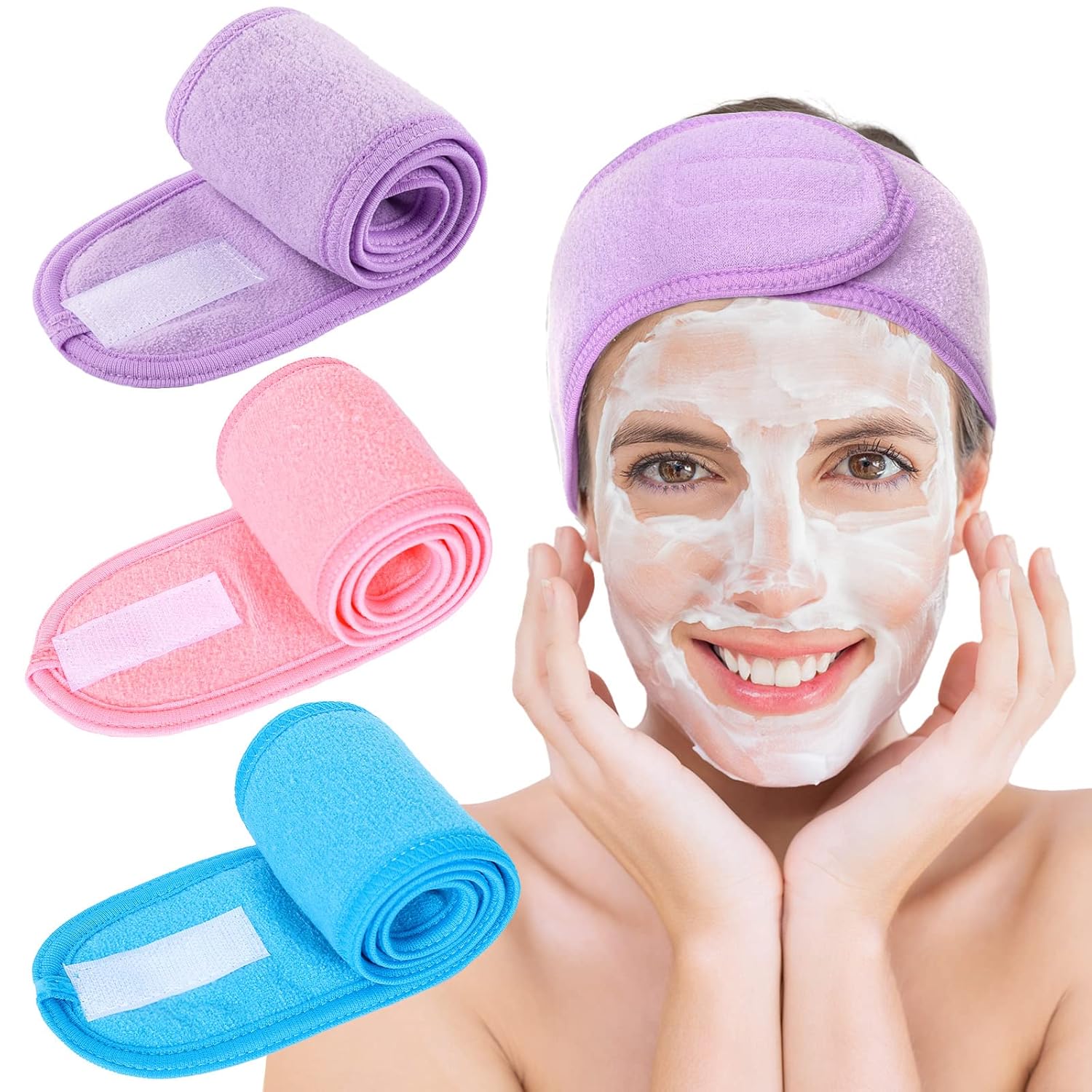 Buy now Whaline 3Pcs Spa Facial Headband Make Up Wrap Head Terry Cloth Headband Adjustable Washable Towel for Face Washing Shower Skincare Facial Treatment Sport Fits Makeup (White, Black, Gray) Purple, Pink, Blue at indiglob india