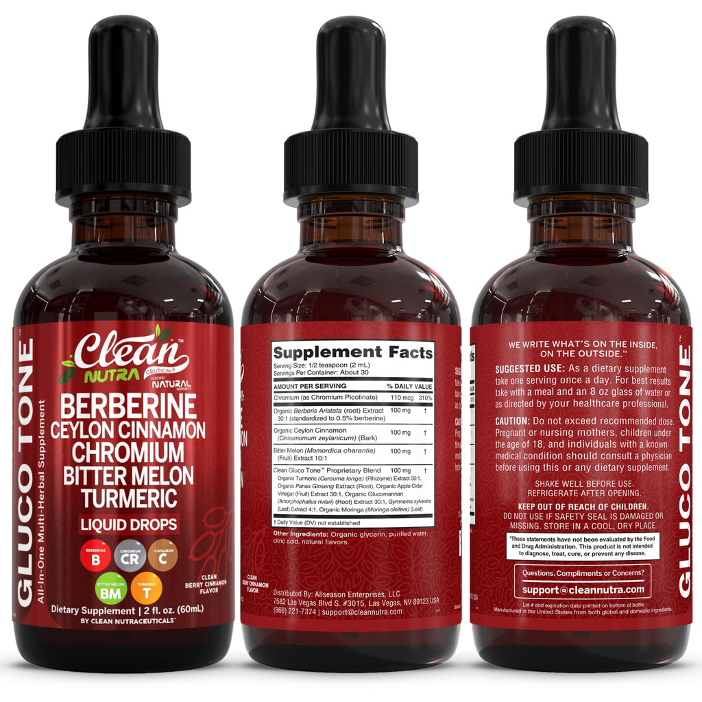 Clean Nutra Berberine with Ceylon Cinnamon Supplement Liquid Drops + Bitter Melon Extract, Glucomannan, Gymnema, Chromium, Turmeric, Organic Panax Ginseng, Moringa