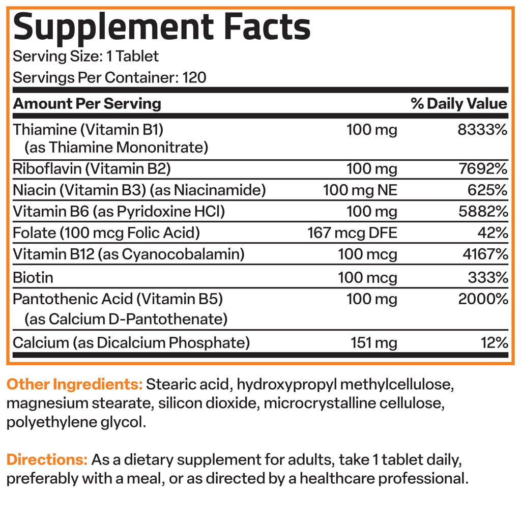 Bronson Super B100 Vitamin B Complex Sustained Release, 120 Tablets | B1, B2, B3, B6, Folic Acid, B12, Biotin & Pantothenic Acid, Energy & Nerve Support, Non-GMO, Gluten-Free & Soy-Free