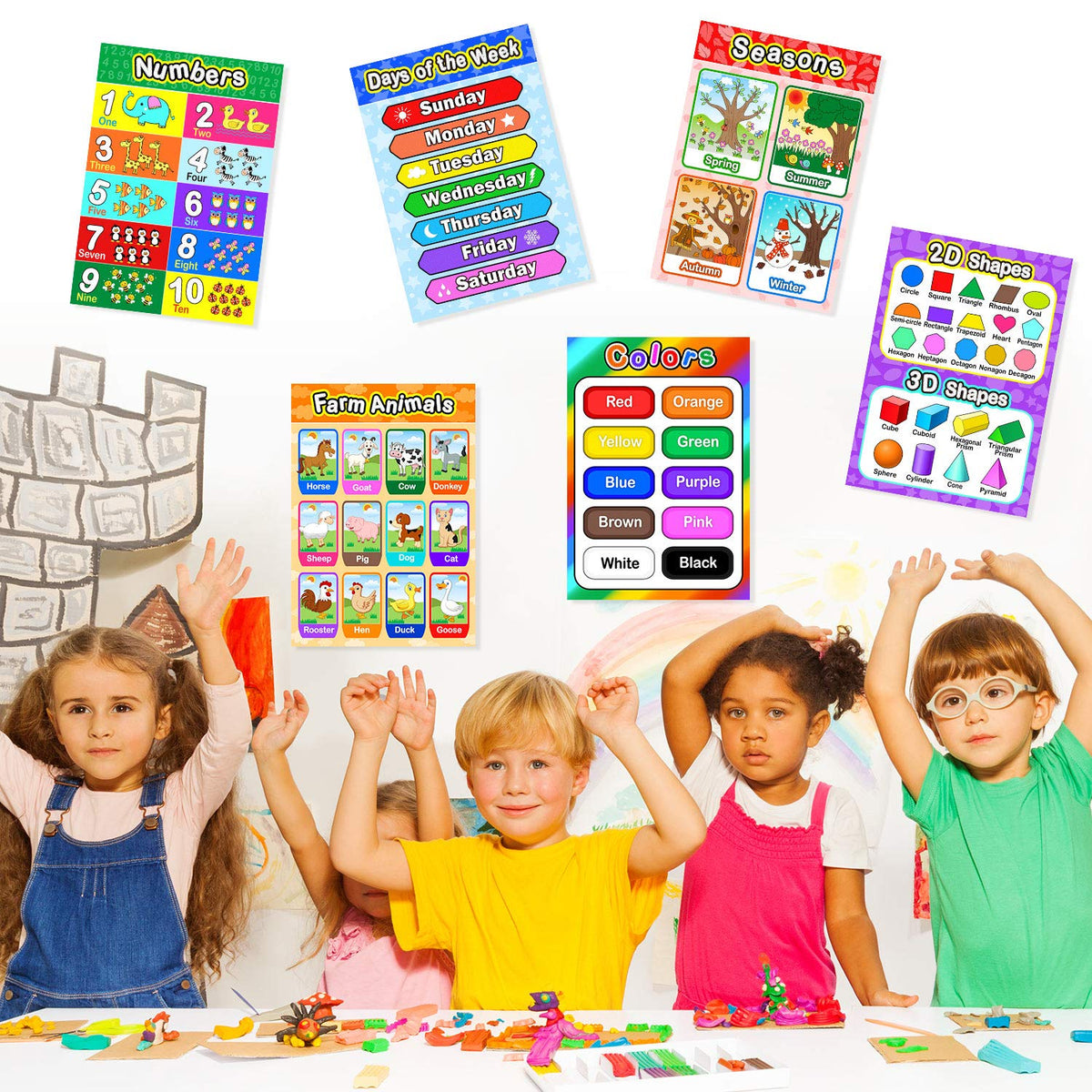 Blulu 8 Educational Preschool Posters with 60 Glue Dots, 16 x 11 Inch