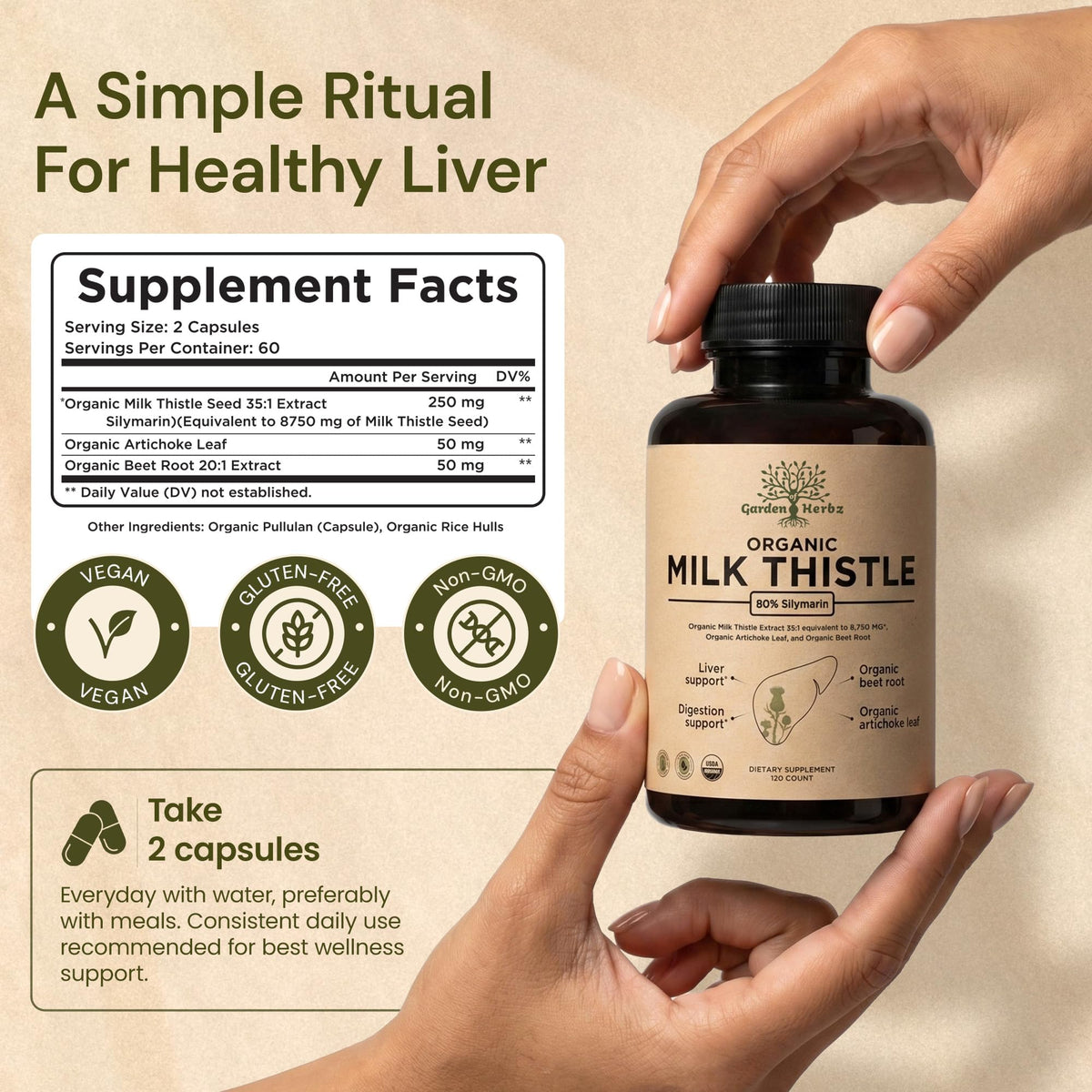 USDA Organic Milk Thistle Supplement Capsules - Liver Detox, 120 Count
