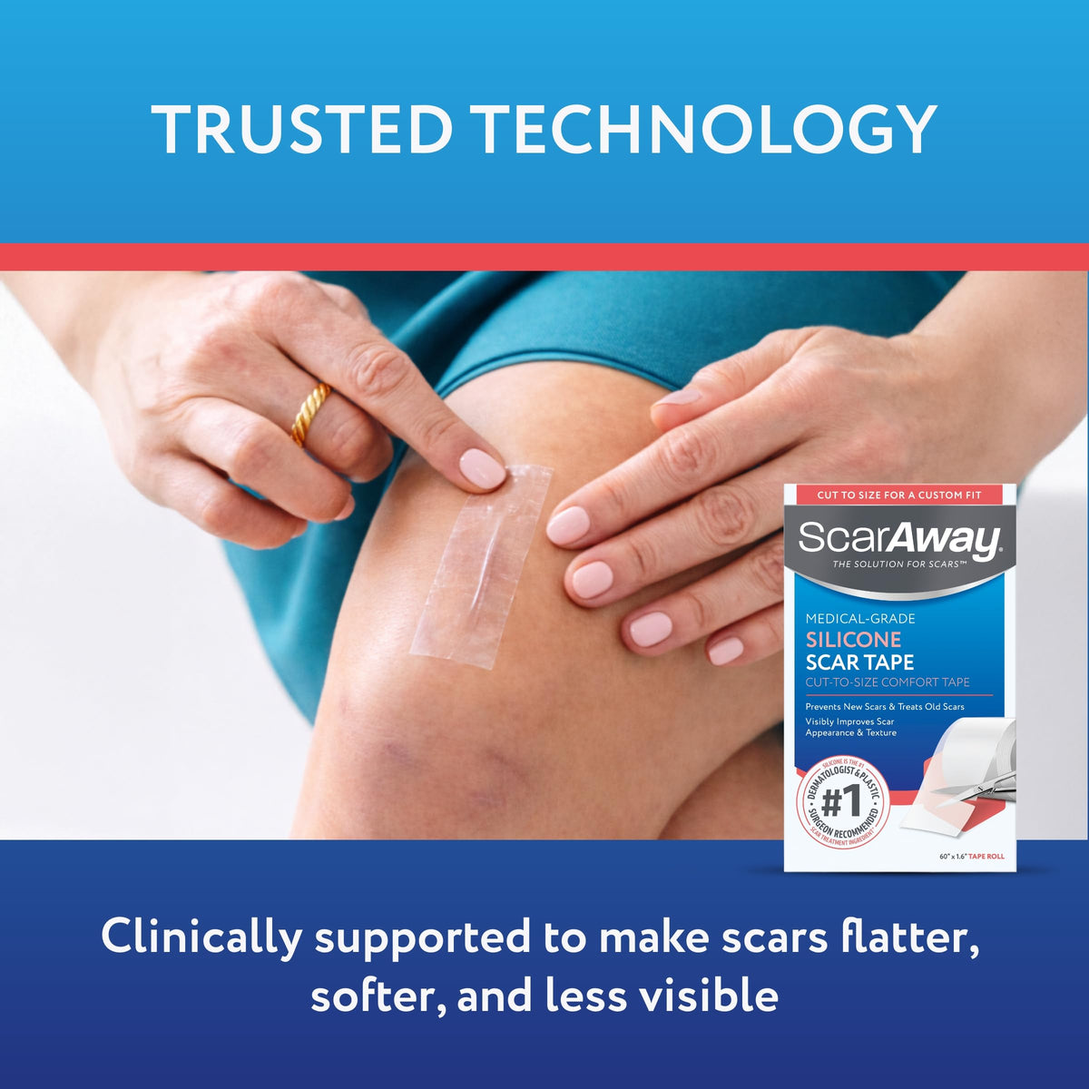 ScarAway Clear Silicone Scar Tape, Medical-Grade Cut-to-Size Silicone Strip for Surgery, Burn, Hypertrophic & Keloid Scars, Self-Adhesive, Water-Resistant, 60” x 1.6” Tape Roll