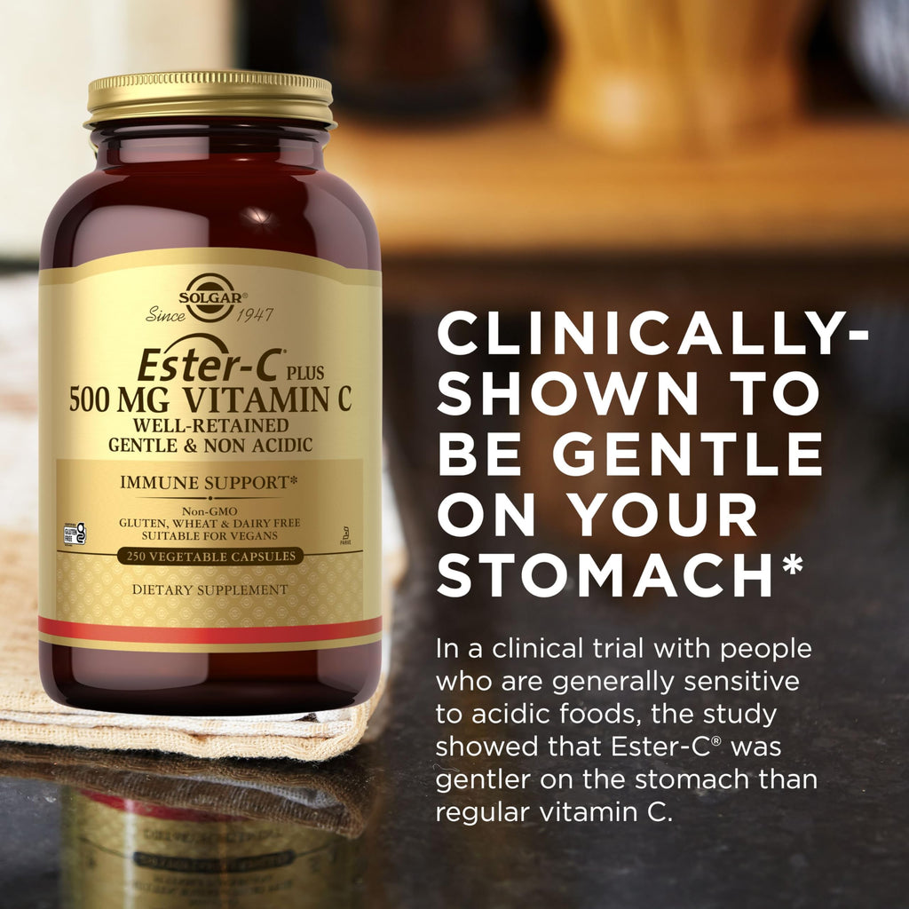 Solgar Ester-C Plus 500 mg Vitamin C (Ascorbate Complex), 250 Servings | Gentle & Non Acidic, Antioxidant & Immune Support - Non GMO, Vegan, Gluten Free, Kosher - 250 Vegetable Capsules