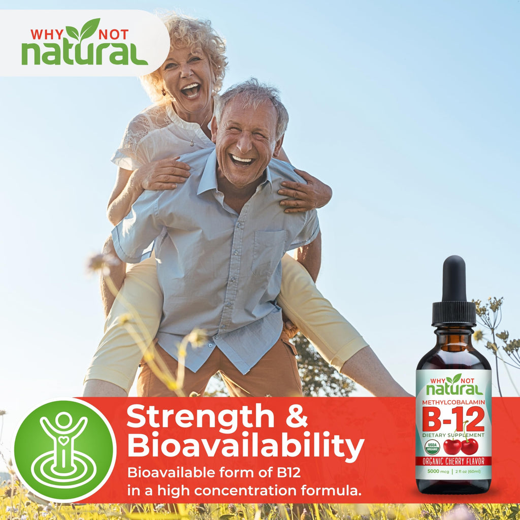 Why Not Natural Organic Vitamin B12 Liquid - Sublingual Extra Strength 60 x 5000 mcg Methylcobalamin Drops, Vegan, Maximize Absorption and Energy