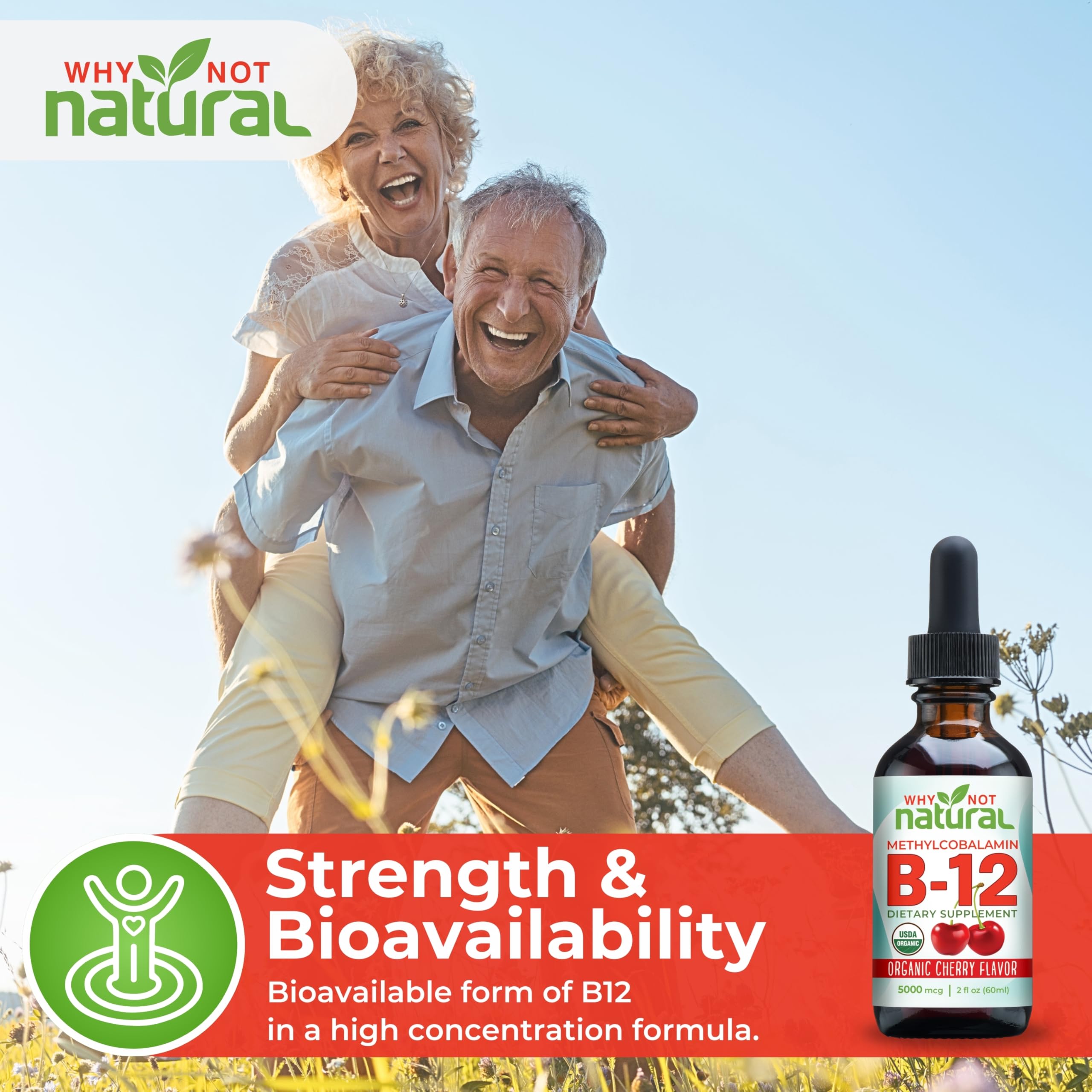 Why Not Natural Organic Vitamin B12 Liquid - Sublingual Extra Strength 60 x 5000 mcg Methylcobalamin Drops, Vegan, Maximize Absorption and Energy