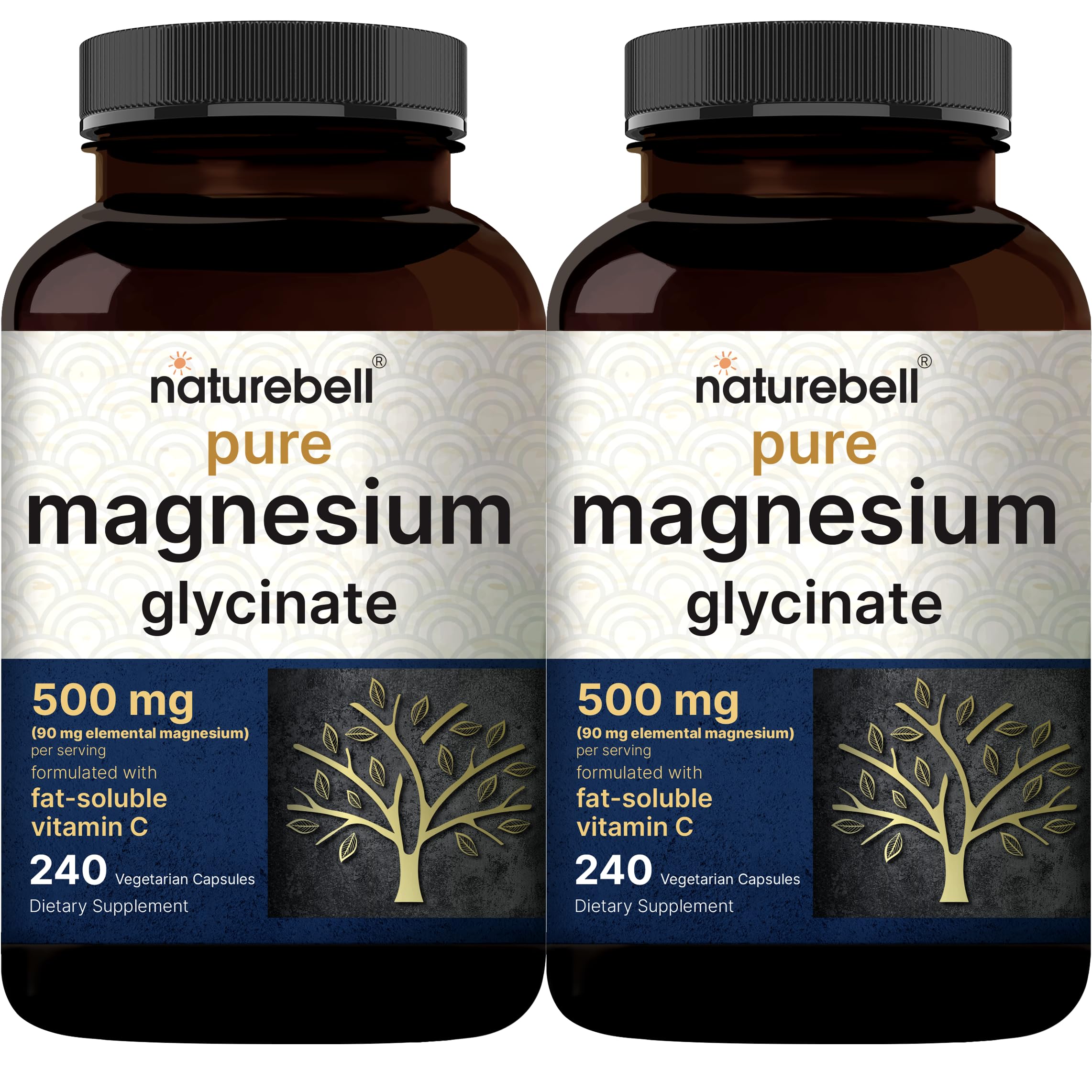 NatureBell Pure Magnesium Glycinate 500mg Per Serving, 240 Veggie Capsules | 100% Chelated & Purified Magnesium Supplement for Women & Men. 3rd Party Tested, Vegan Friendly, Non-GMO, Filler Free.