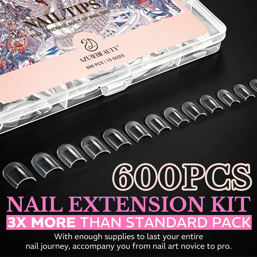 Medium almond nail tips in original packaging, 600 pieces in various sizes for an ultimate nail extension kit.