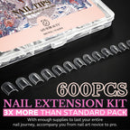 Medium almond nail tips in original packaging, 600 pieces in various sizes for an ultimate nail extension kit.