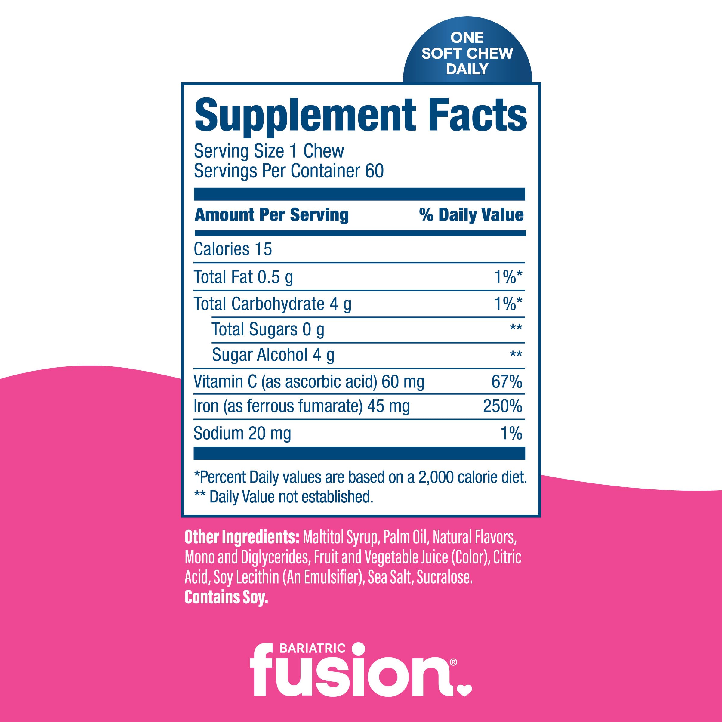 Bariatric Fusion Iron Supplement for Women Anemia | Chewable Iron with Vitamin C | Watermelon Flavored Soft Chew | Gentle on Stomach Ferrous Fumarate for Women and Men | Gluten Free | 60 Count