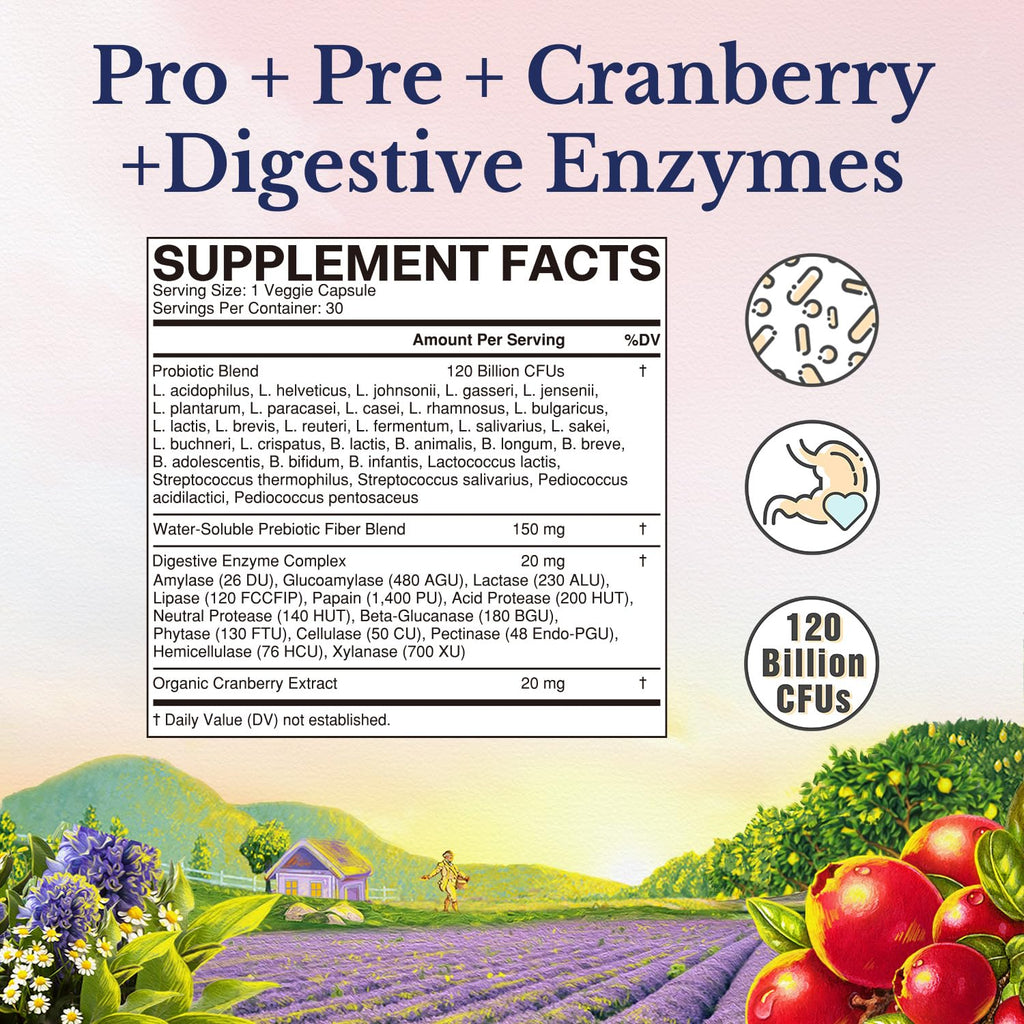 Vitalitown Probiotics for Women 120 Billion CFUs, 30 Strains, with Prebiotics & Digestive Enzymes & Cranberry, Gut & Vaginal Health, Vegan 30 (Pack of 1) Delayed Release Caps