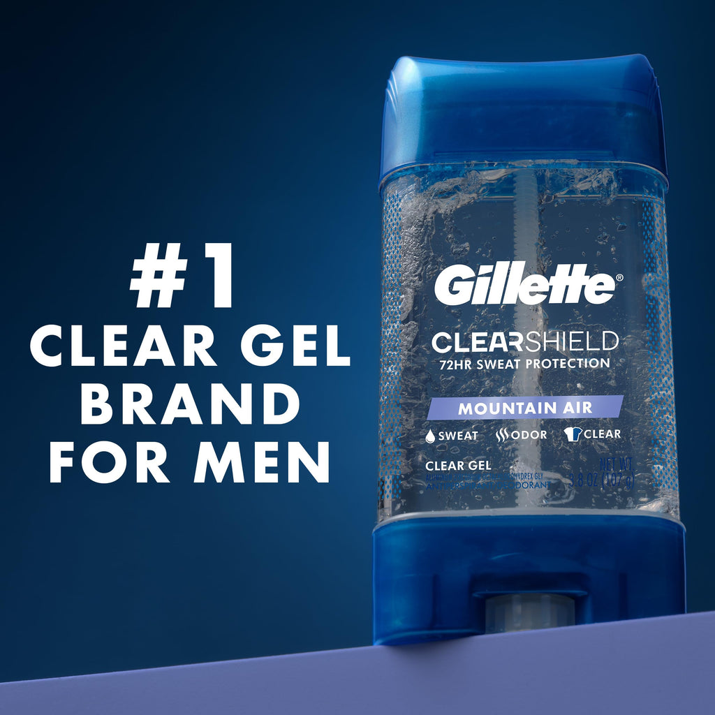 Buy now Gillette Antiperspirant and Deodorant for Men, 72hr Sweat & Odor Protection, Long Lasting Freshness, Anti-White Mark Technology, Clear Gel, Mountain Air Scent, 3.8 oz at indiglob india