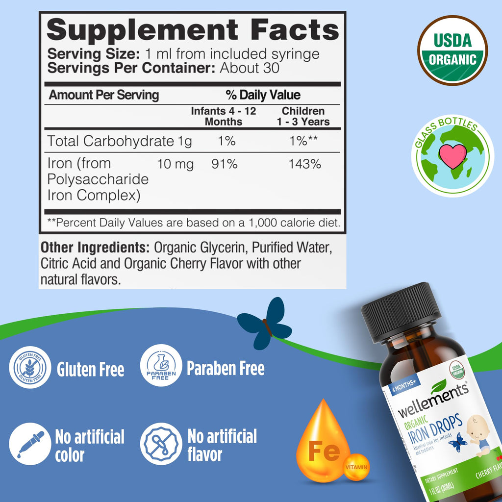 Wellements Organic Liquid Iron Drops for Infants & Toddlers Cherry 1 Fl Oz