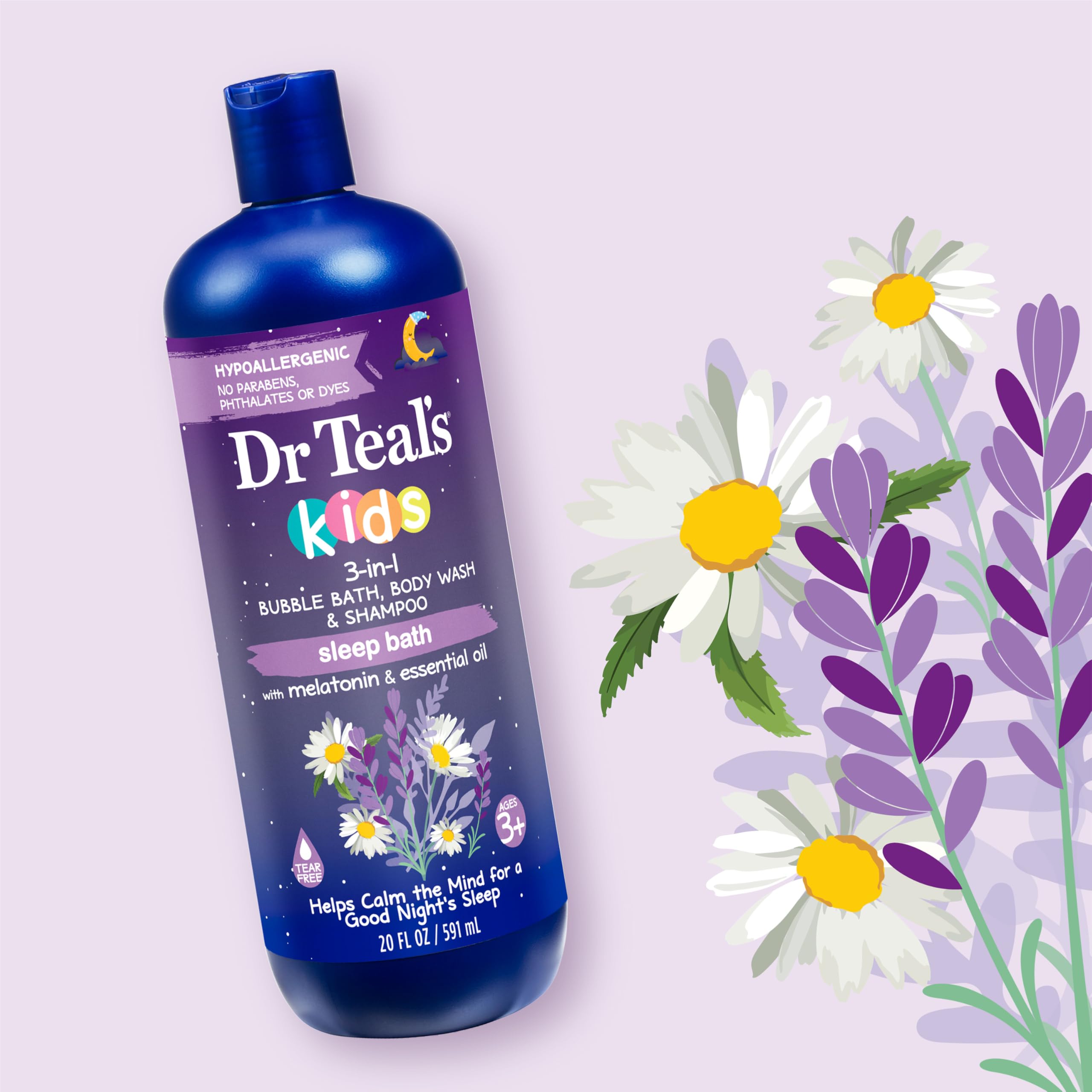 Dr Teal's Kids 3-in-1 Sleep Bubble Bath, Body Wash & Shampoo with Melatonin & Essential Oil, Lavender Scent, 20 fl oz (Pack of 3)