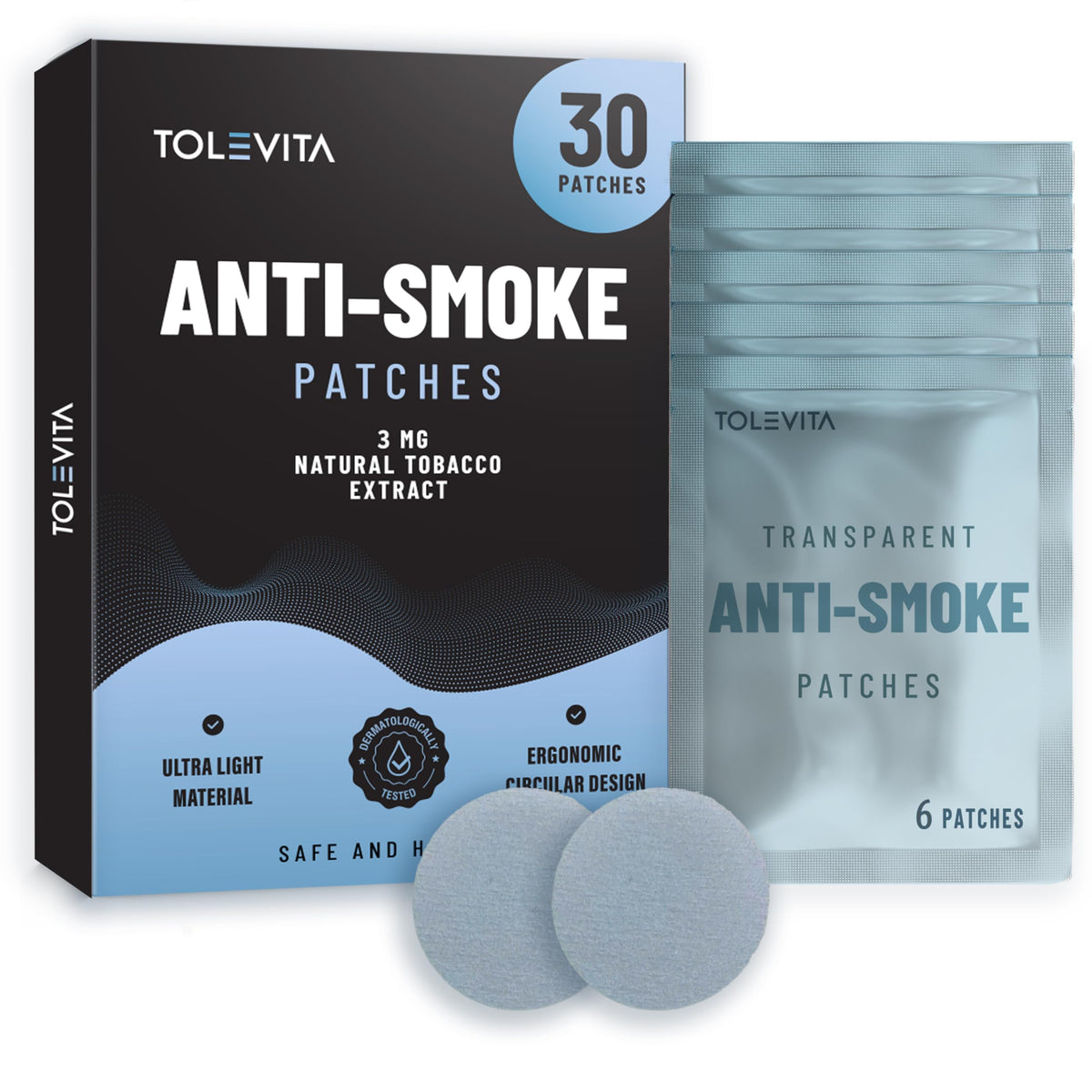 TOLEVITA Anti-Smoke Herbal Patches – Circle Shape 3mg (Blue), Quit Smoking Patches to Help Reduce Cravings | Herbal Stop Smoking Aid for a Healthier Lifestyle - 30 Patches