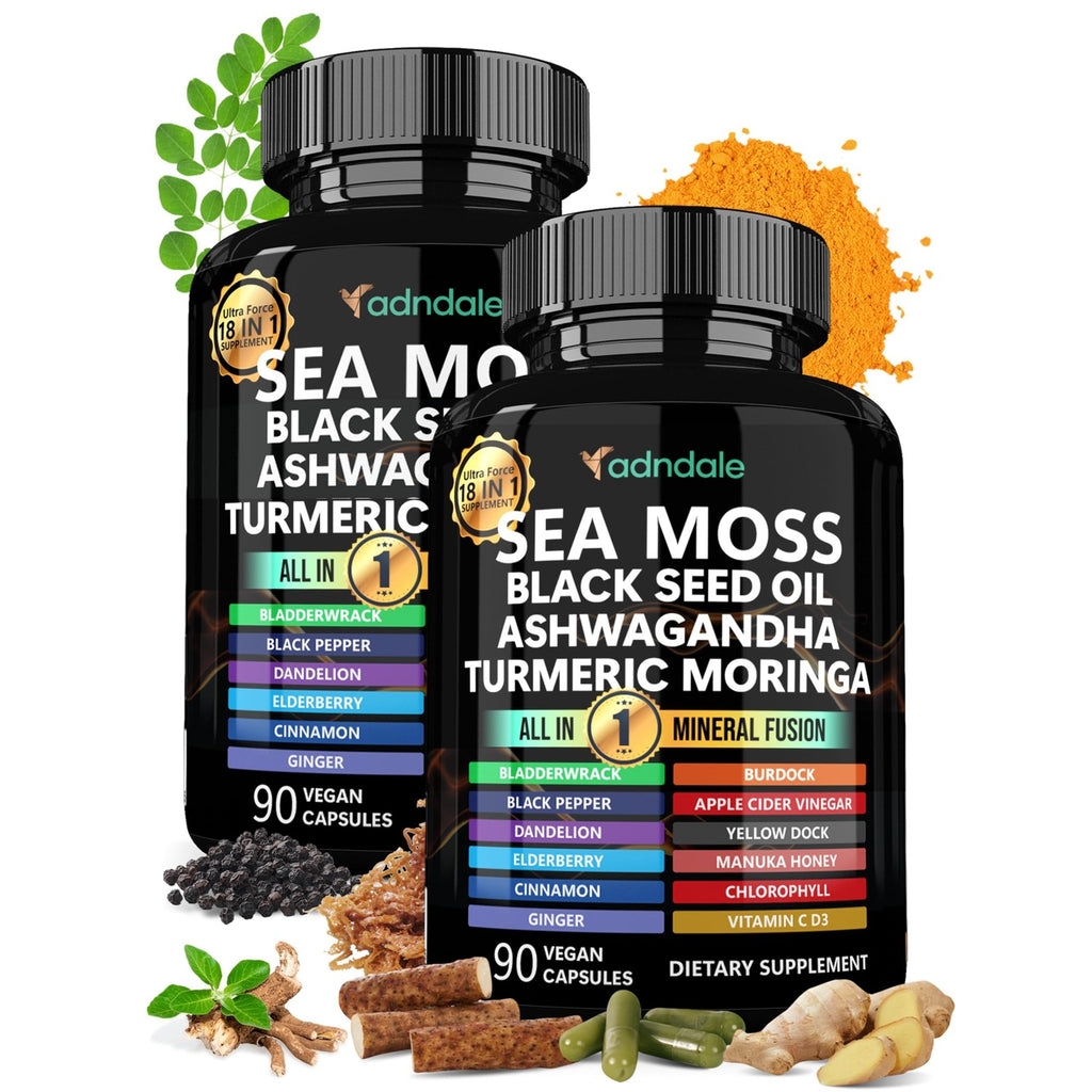 Adndale Sea Moss Capsules - Sea Moss Blend with Ashwagandha, Turmeric & Black Seed Oil - 90 Count