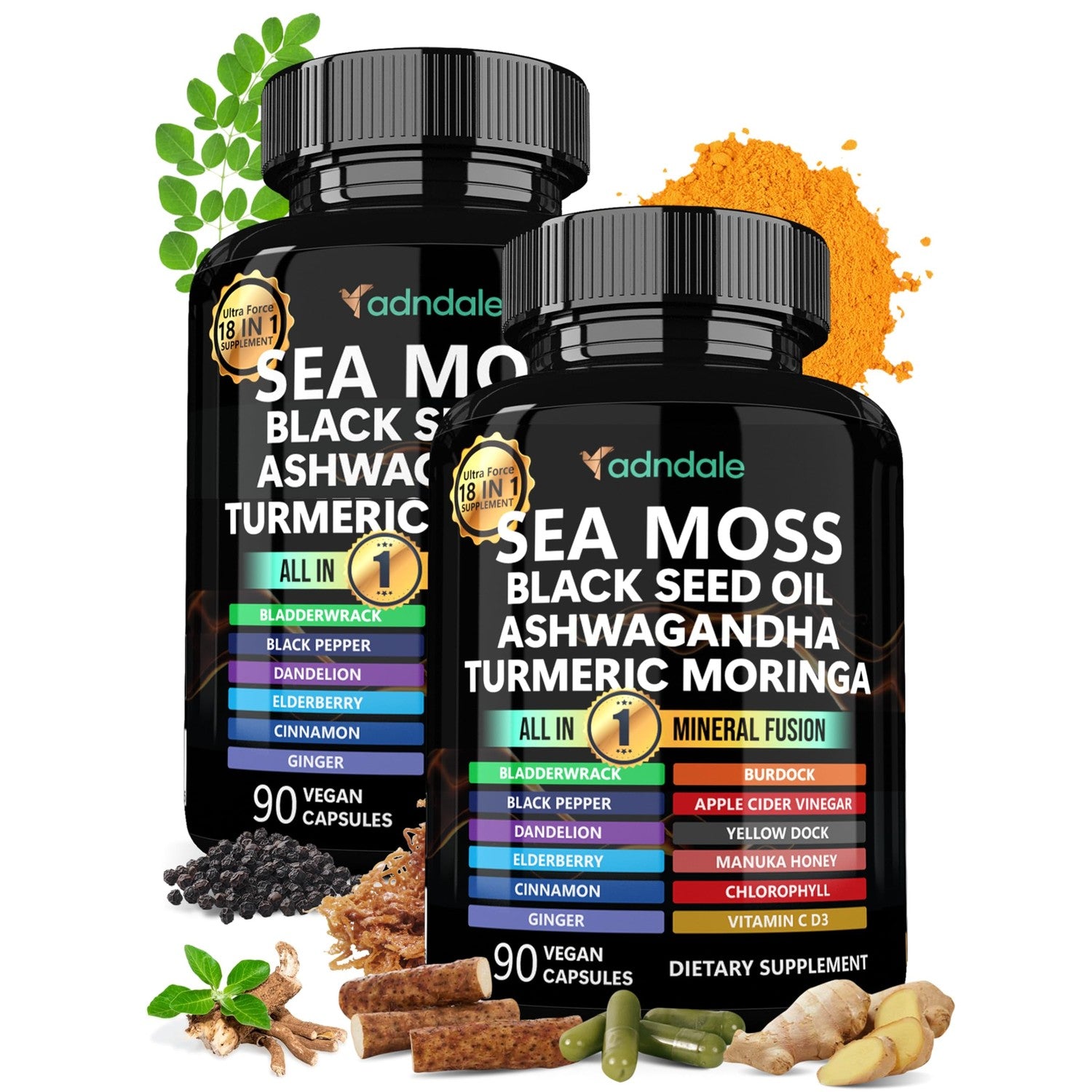 Adndale Sea Moss Capsules - Sea Moss Blend with Ashwagandha, Turmeric & Black Seed Oil - 90 Count