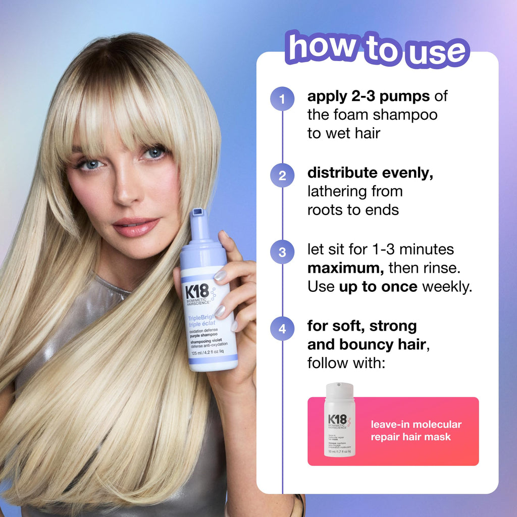 K18 TripleBright Oxidation Defense Purple Shampoo - Non-Staining Blonde Shampoo Removes + Helps Prevent Brass for Brighter, Longer-Lasting Blonde - For All Highlighted + Lifted Hair Tones (4.2 Fl oz)