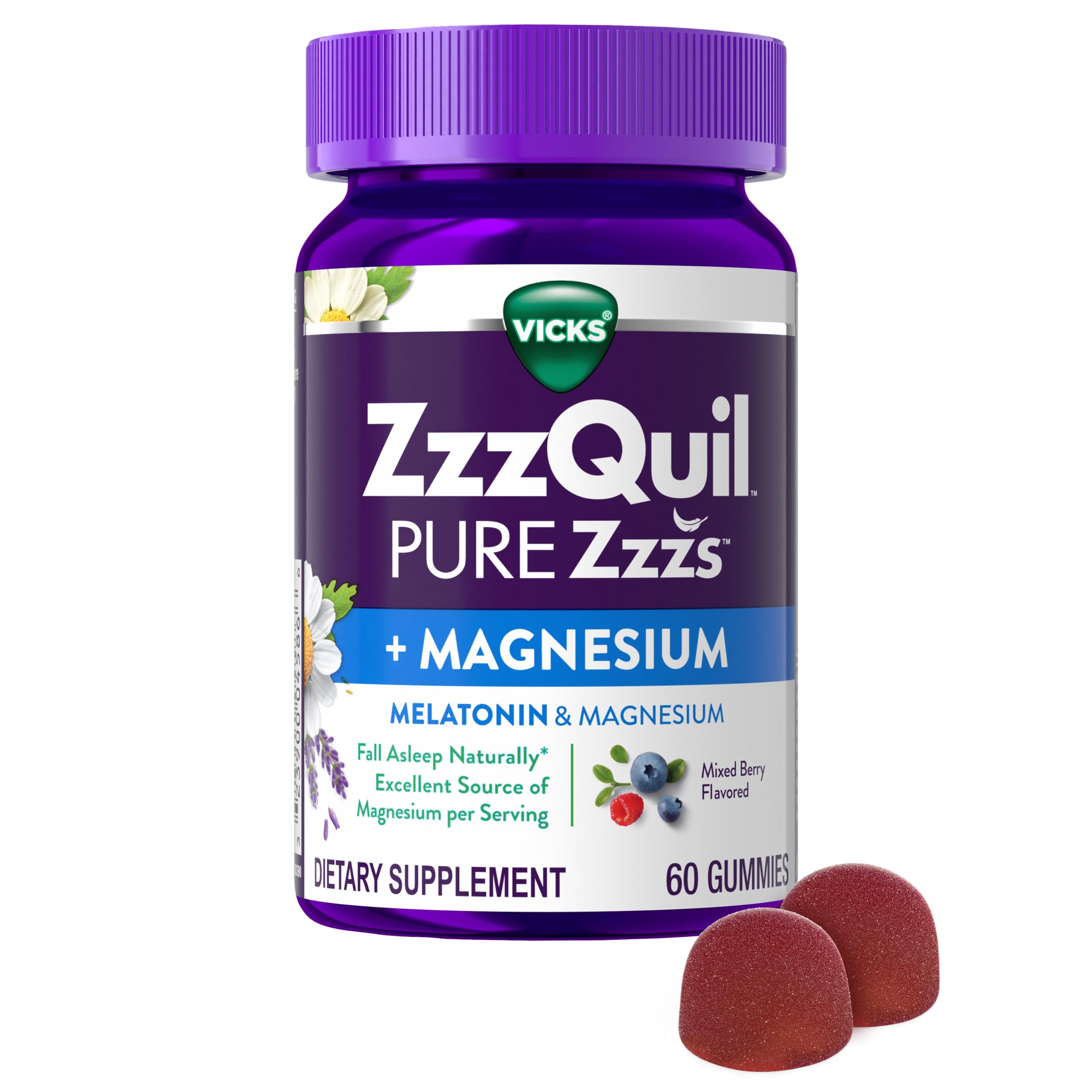 ZzzQuil Pure Zzzs + Magnesium, Sleep Aid, Magnesium Citrate and Melatonin Gummies, Melatonin 2mg, Sleep Aids for Adults, Mixed Berry Flavored, 60 Sleep Gummies