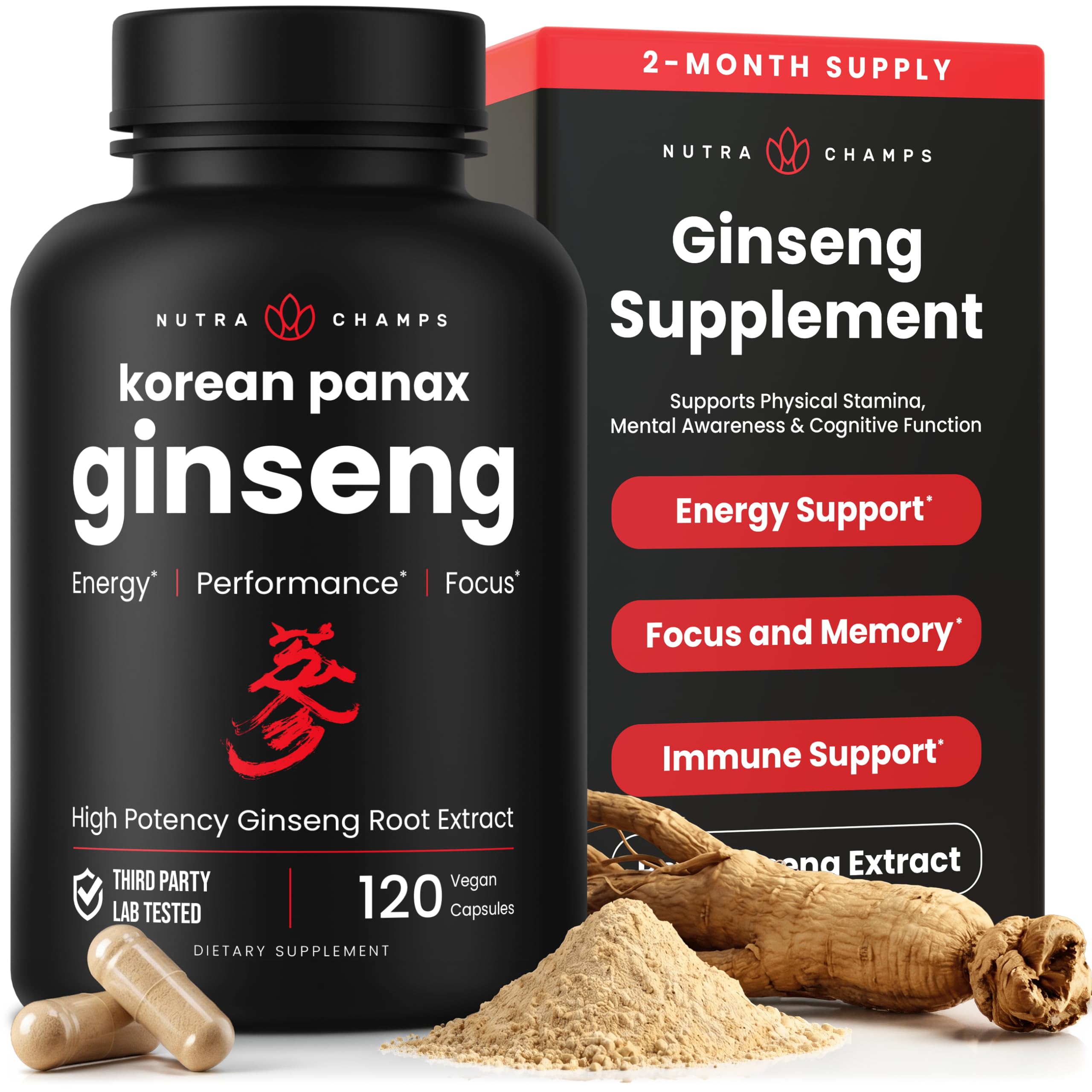 NutraChamps Korean Red Panax Ginseng Capsules with Ginkgo Biloba Extra Strength 20% Ginsenosides for Energy, Focus, Vitality & Immune Support Ginseng Root Extract Supplement for Men (90, Premium Gold)
